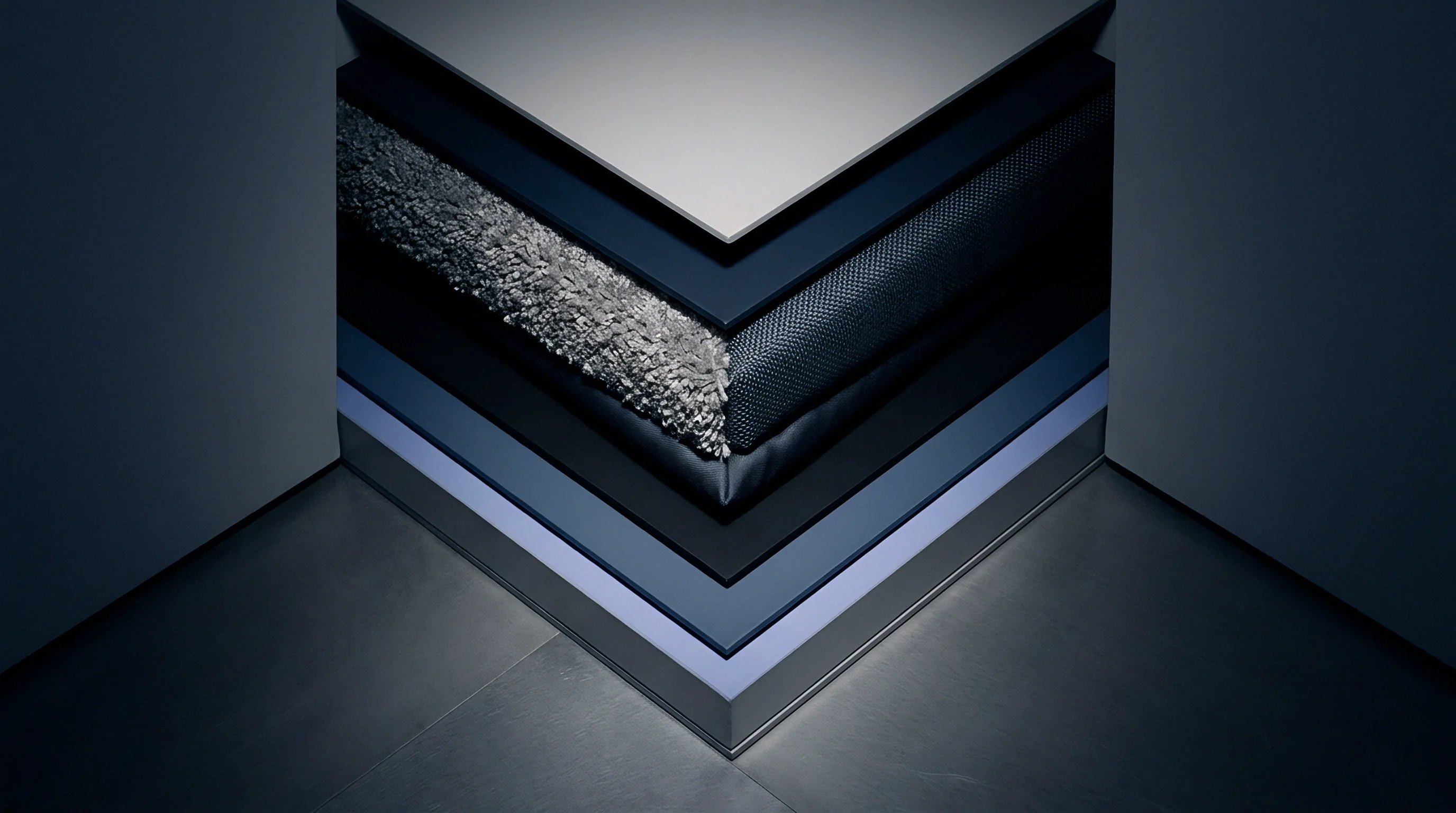 Nested geometric textile samples and textured finishes stack vertically inside a dark architectural corner display module.