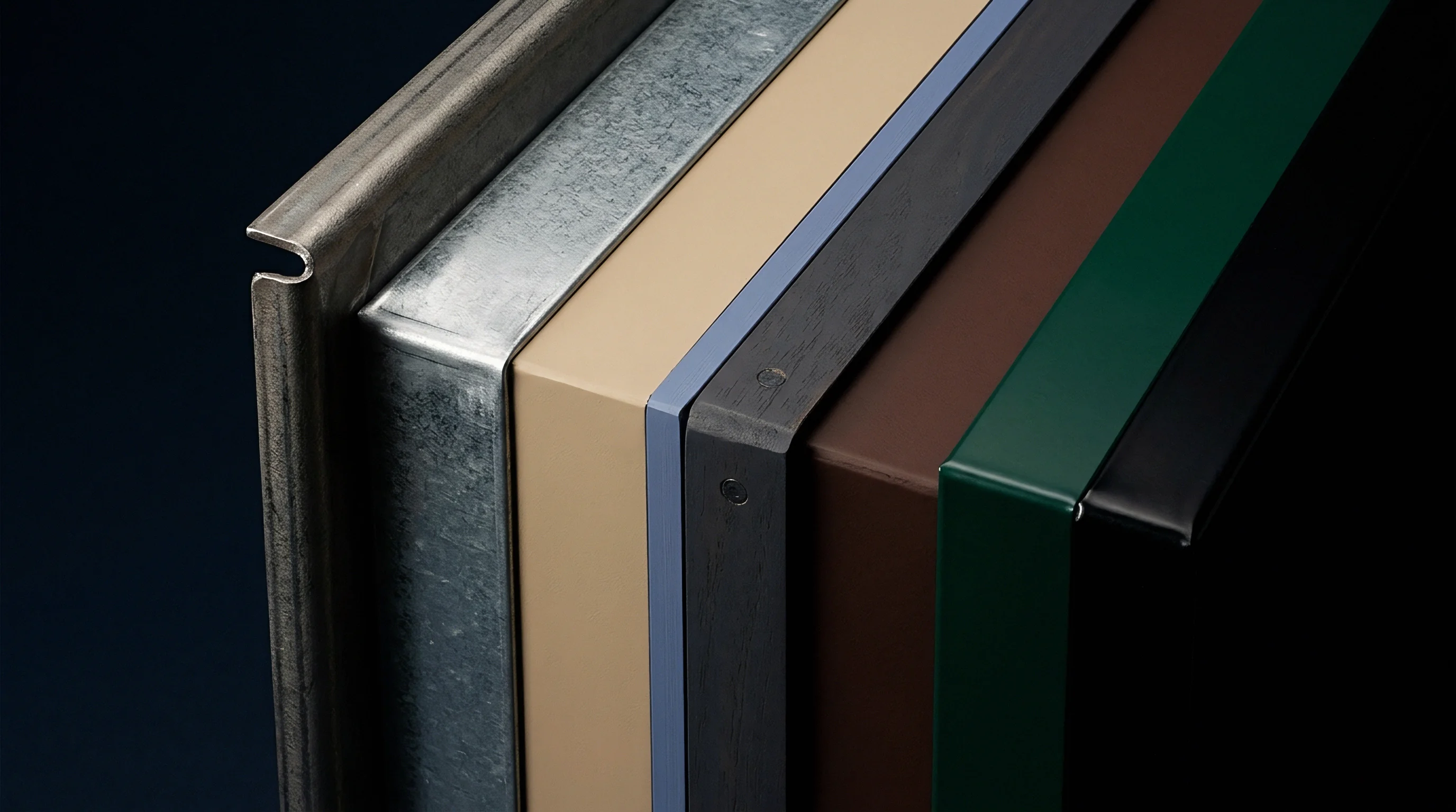 Stacked architectural metal profiles present diverse protective coatings and factory finished paint systems aligned sequentially for commercial distribution evaluation.