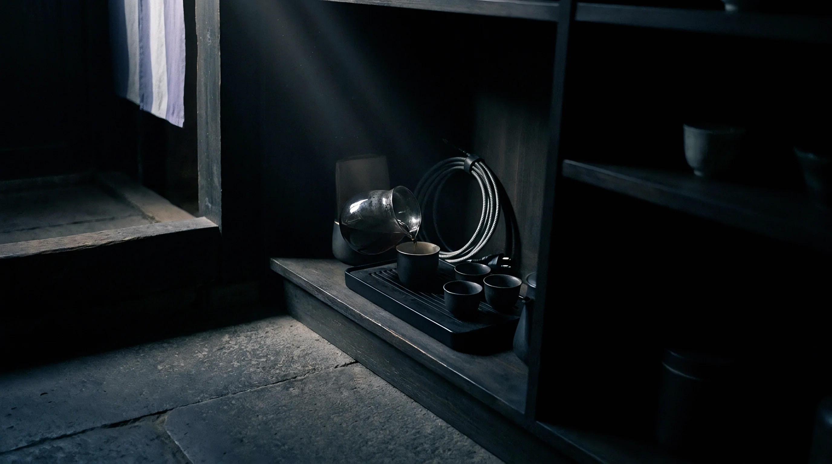 Dark ceramic cups and a glass pitcher rest on a slatted tray inside a wooden cabinet above a stone floor.