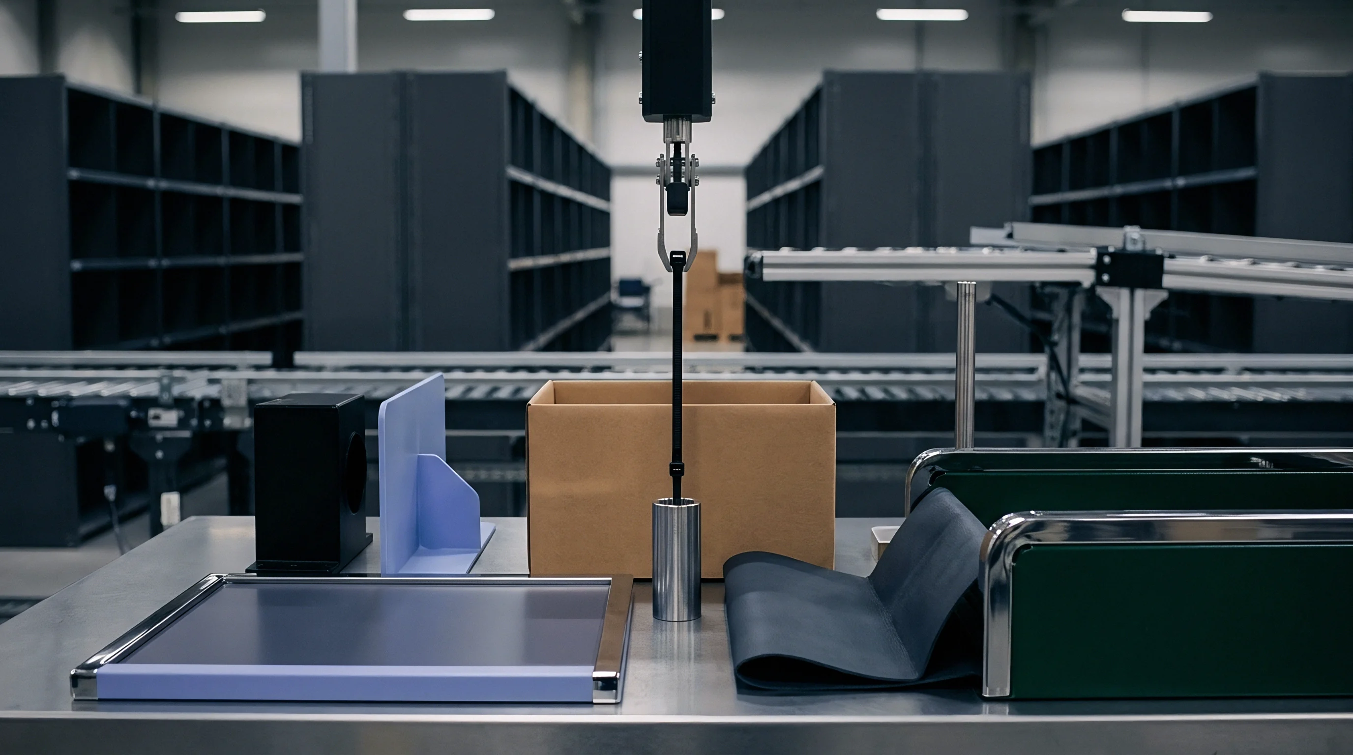 A robotic arm hangs over a metal workstation featuring a cardboard box and sorting components within a large industrial warehouse.