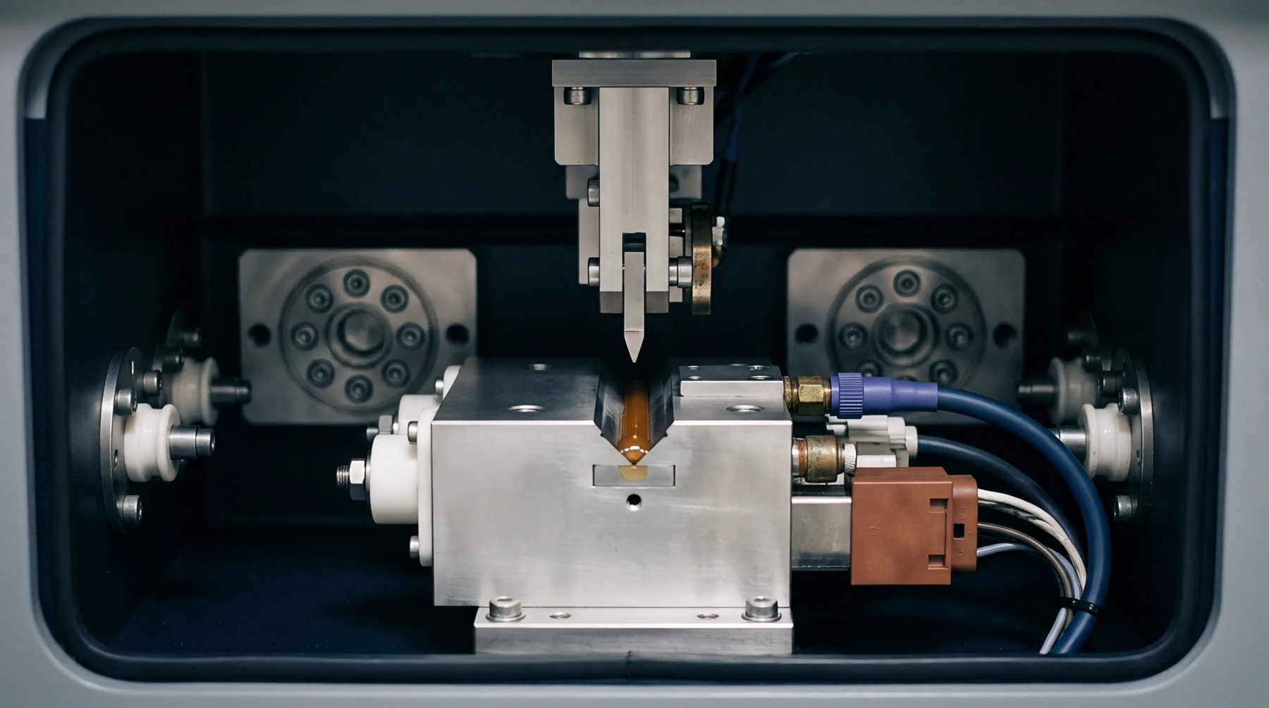Precision metal fixture holding an amber sample piece inside an industrial testing machine enclosure under mechanical load.