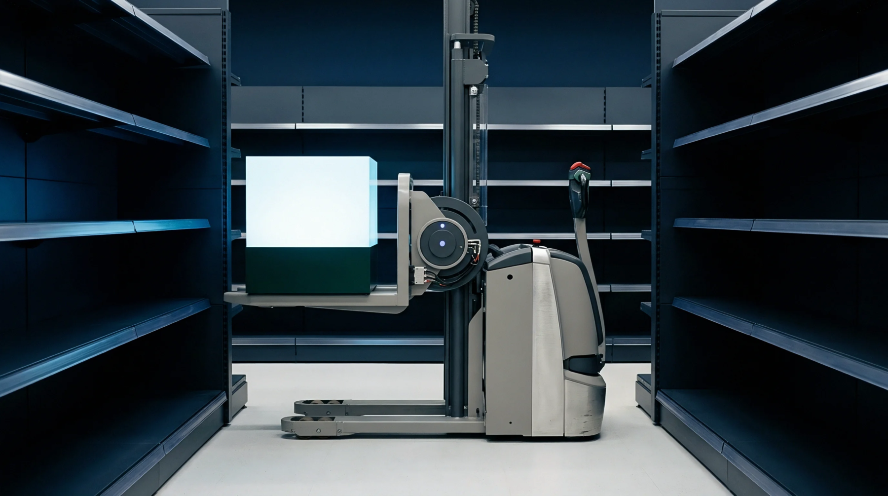 Automated guided vehicles position an illuminated modular container within a high density storage aisle between two empty industrial metal shelving units.