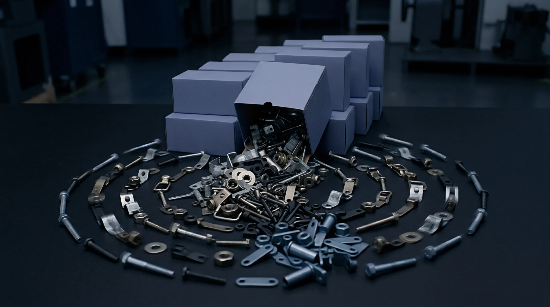 Metal fasteners including bolts and steel washers spill from a box onto a dark surface among organized rings of industrial components.