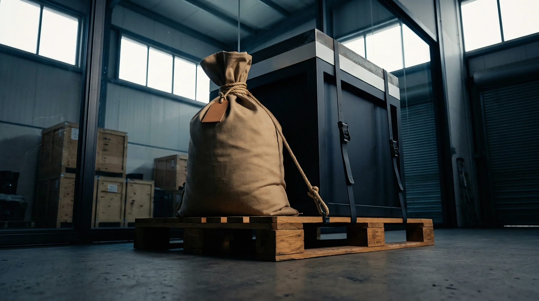 A hessian sack tied with rope sits on a wooden shipping pallet alongside a large reinforced crate inside a vast climate controlled warehouse facility.