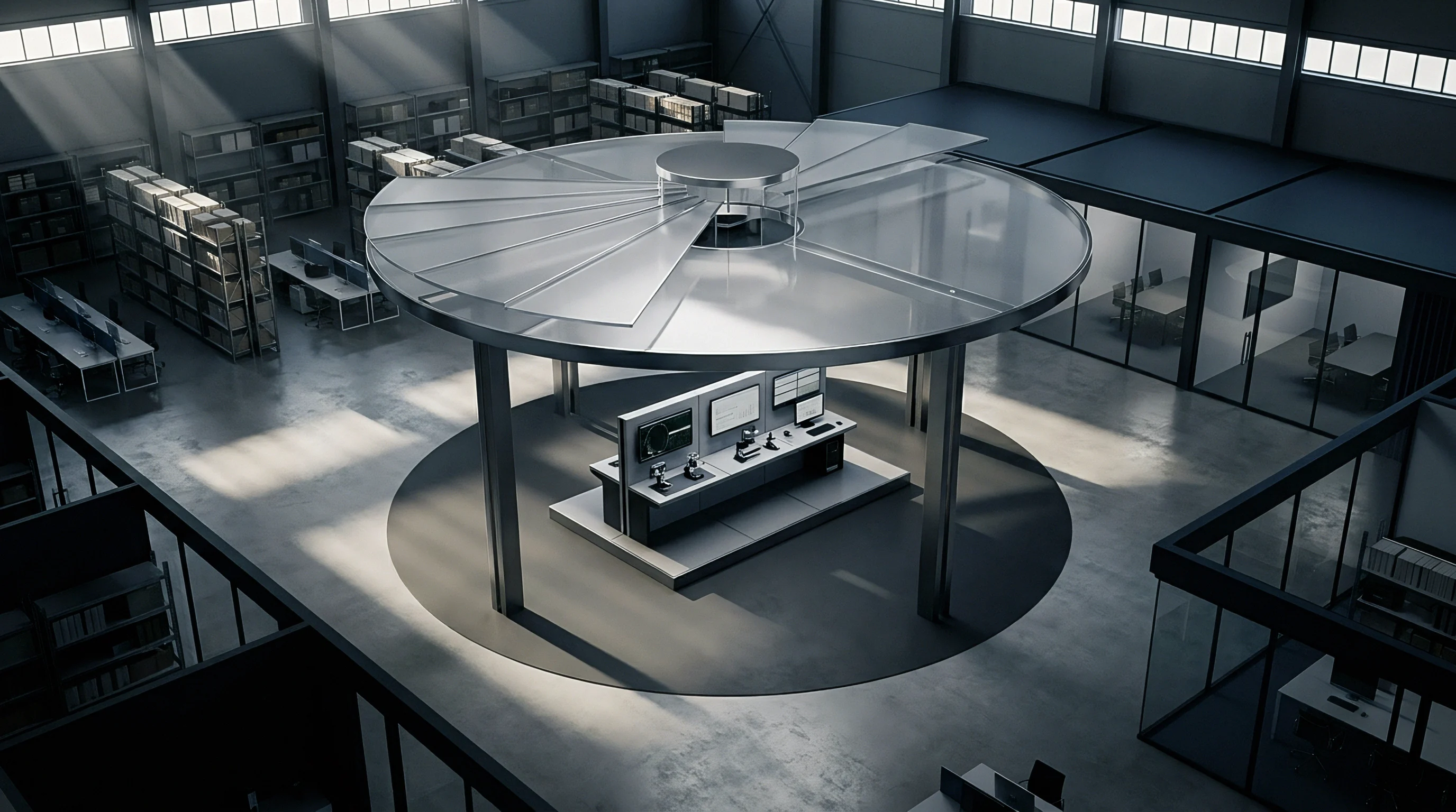 Elevated perspective shows a central workstation beneath a circular glass canopy inside a modern industrial warehouse facility with steel shelving.