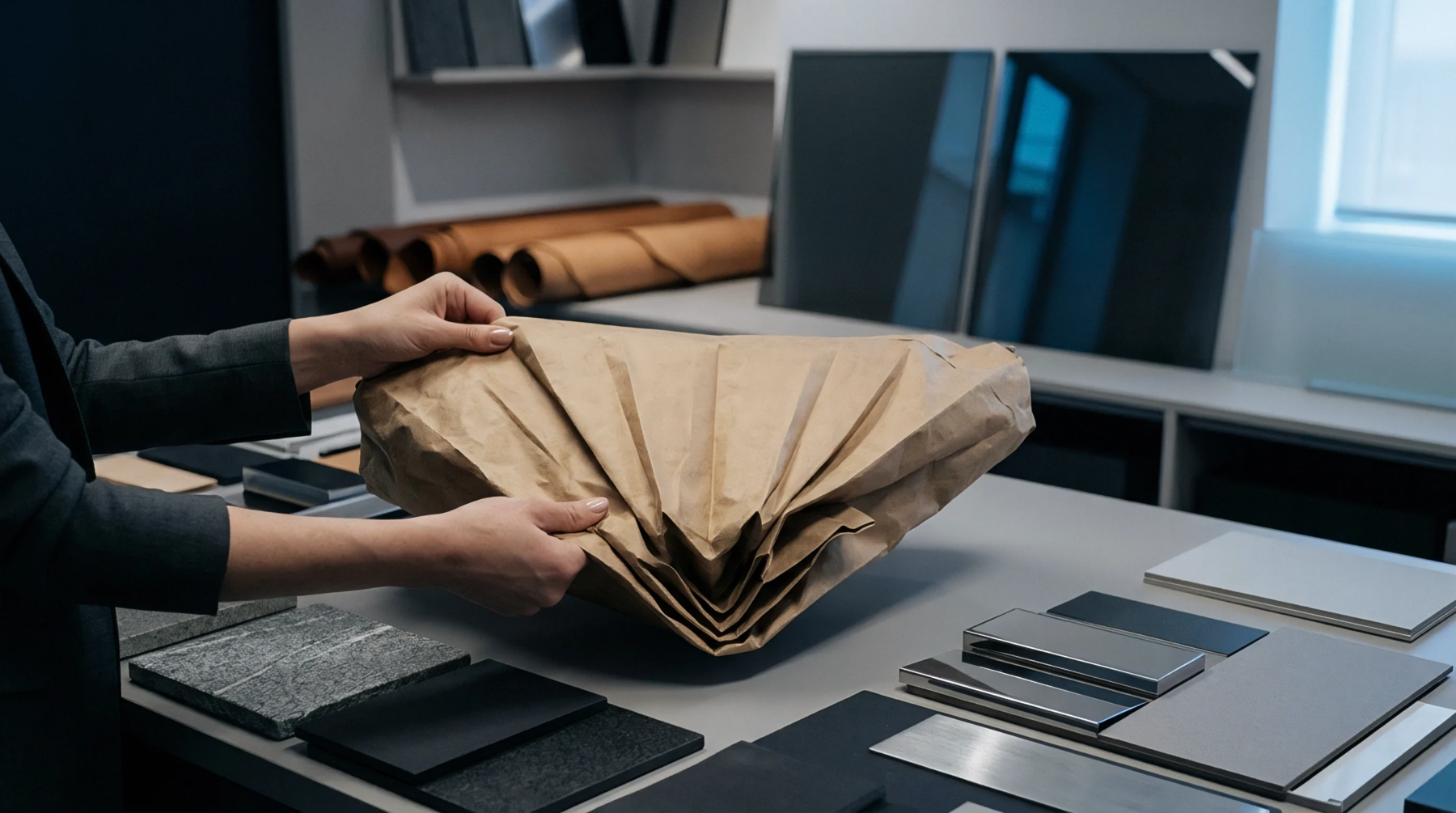 Hands unfold protective brown paper packaging above a studio desk displaying various architectural material samples and metal finishes.