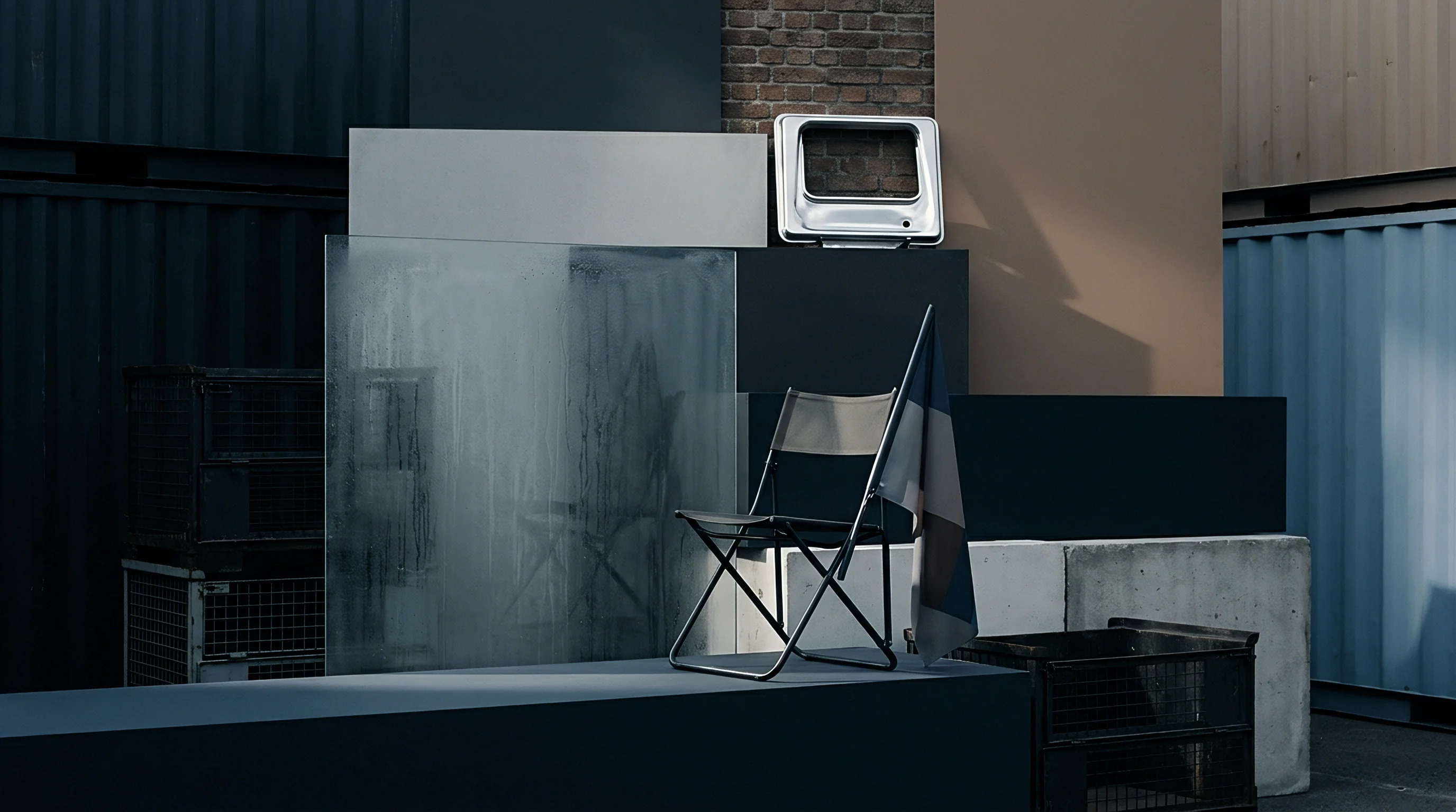 A folding chair stands before a frosted glass panel against a backdrop of masonry brick and modular industrial shipping container surfaces.