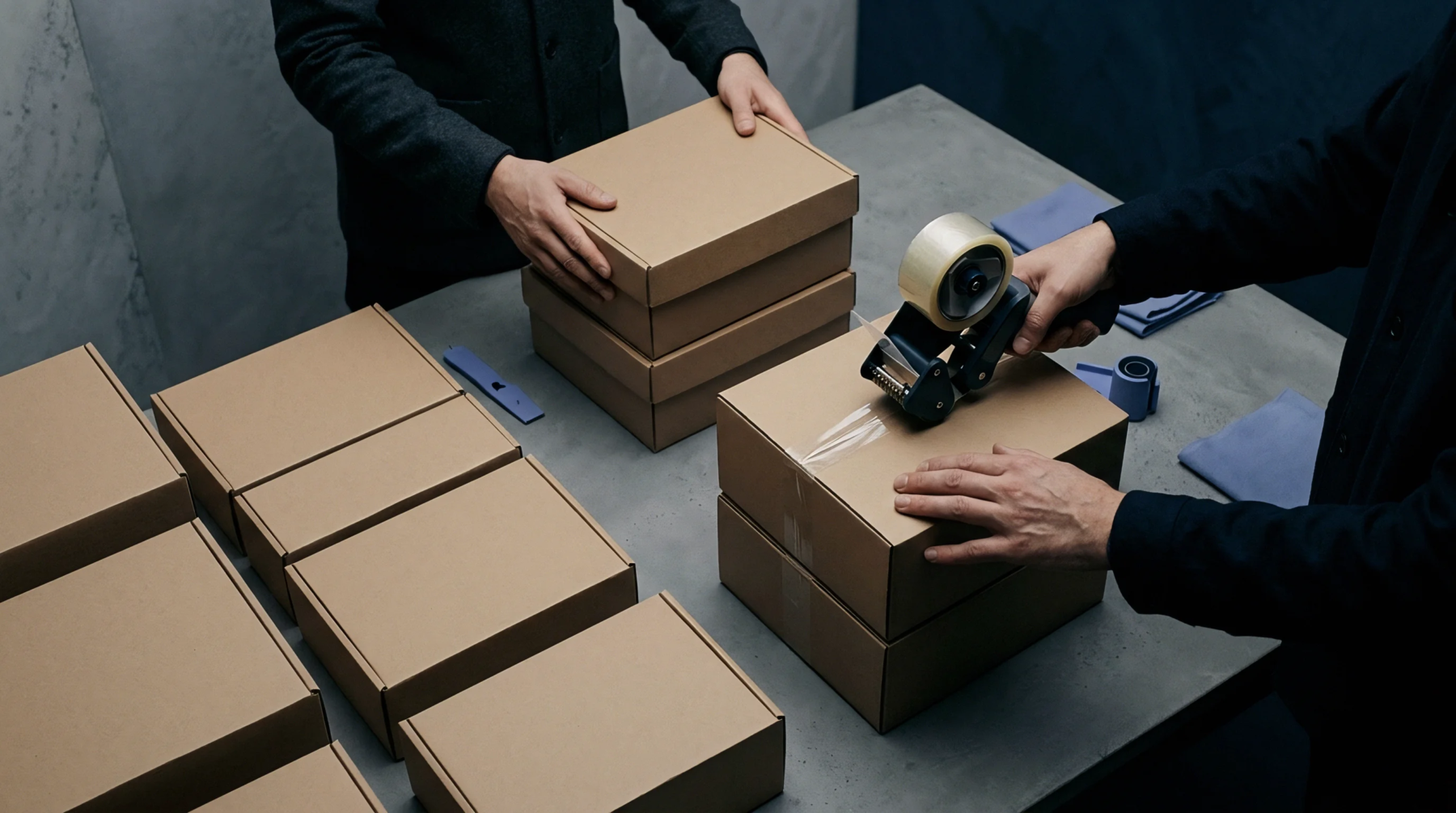 Two individuals are actively packaging cardboard boxes on a flat surface arranging and sealing them with tape for shipment.