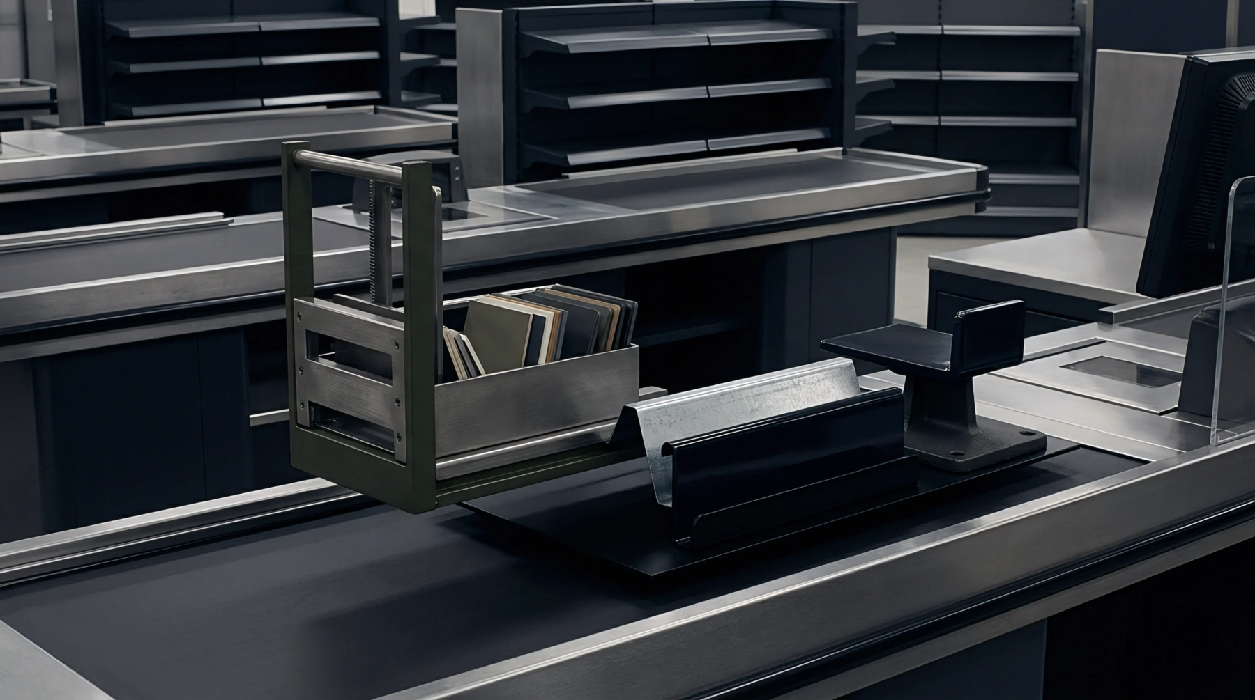 Steel check out counter furniture comprising metal sample holders and conveyor belts stands inside a commercial retail distribution facility.