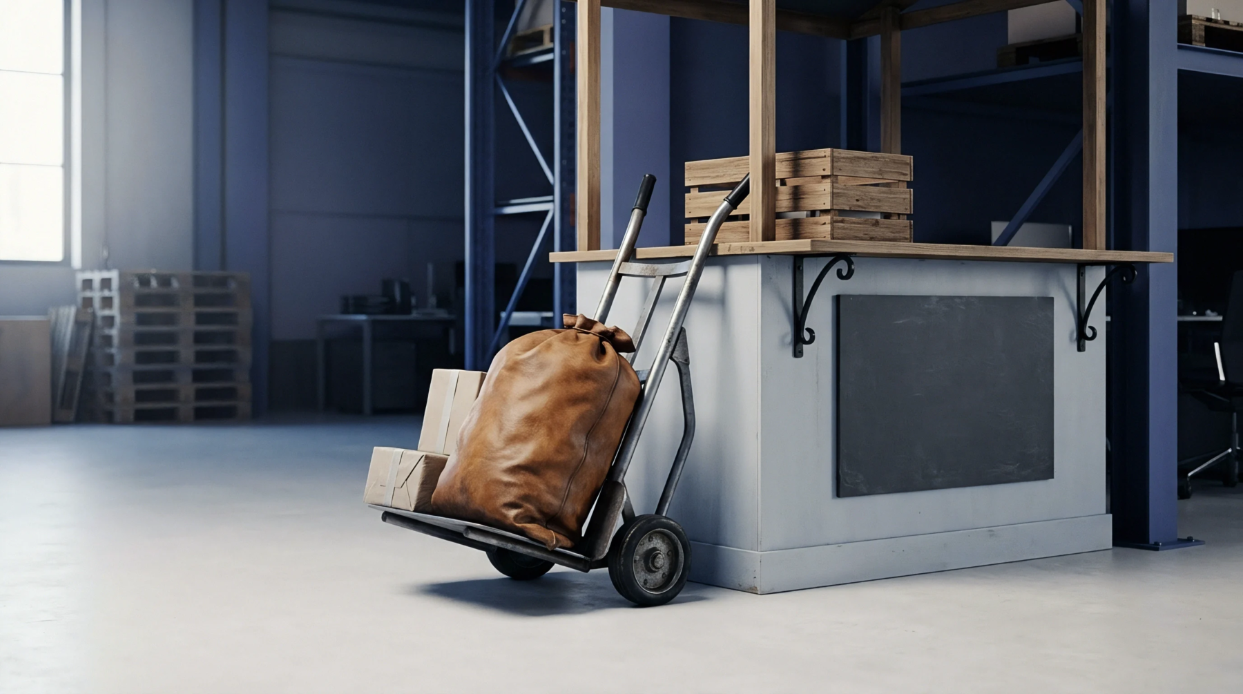 A metal hand truck holding cardboard boxes and a heavy textile sack rests on a concrete floor inside a distribution warehouse facility.