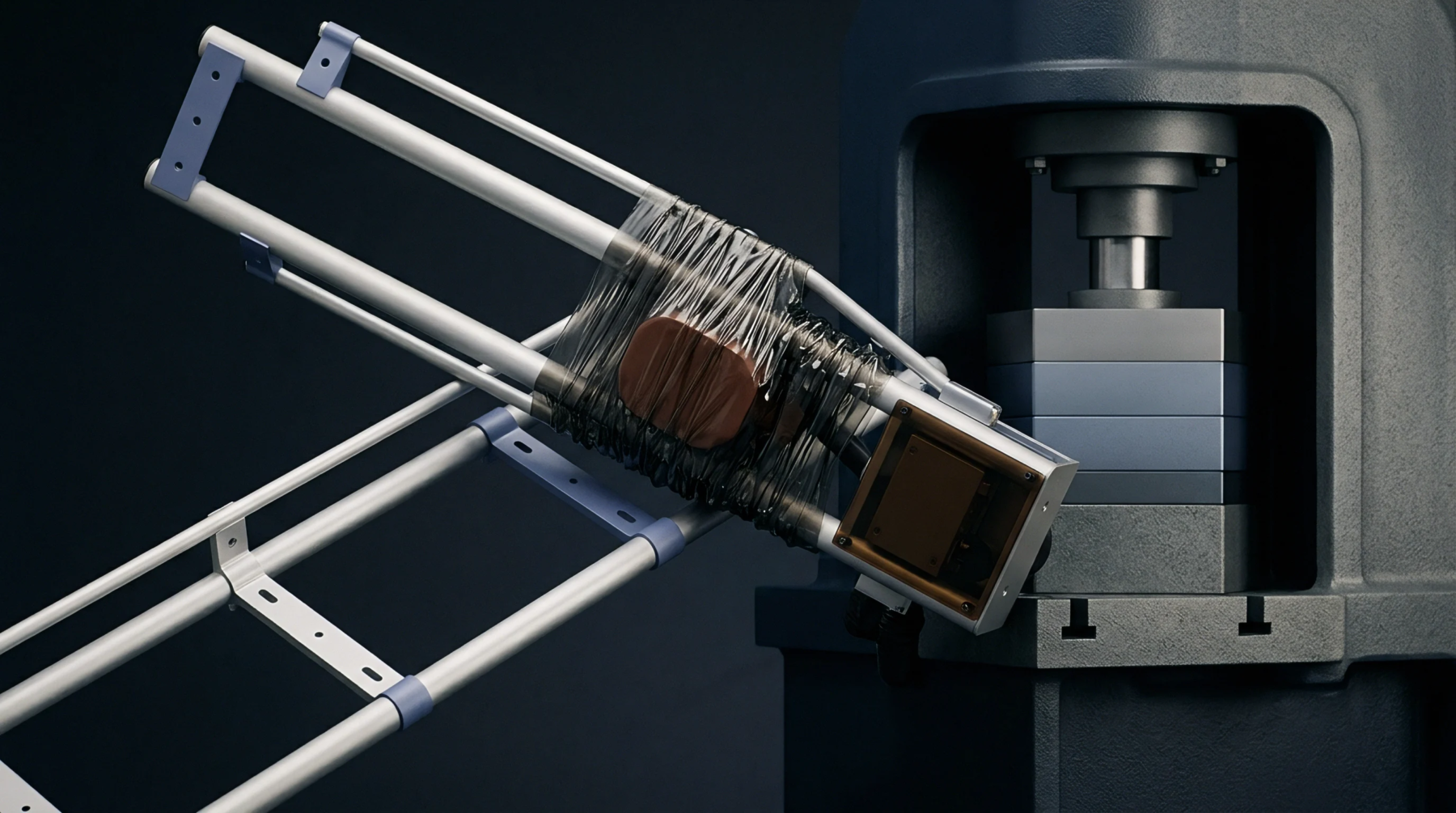 Digital render presents an industrial mechanical press applying downward pressure onto a secured metal component within a testing facility.