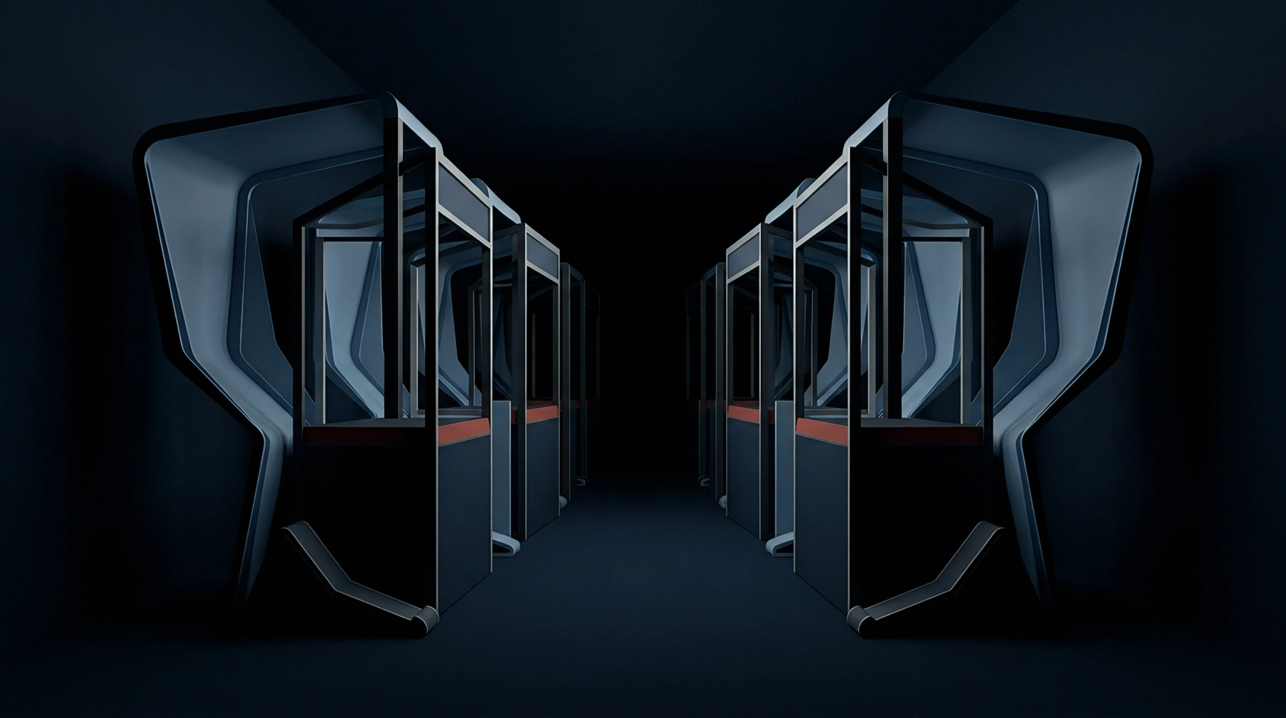Digital rendering of modular distribution kiosks featuring glass partitions and composite panels arranged linearly along a symmetrical subterranean transit corridor.