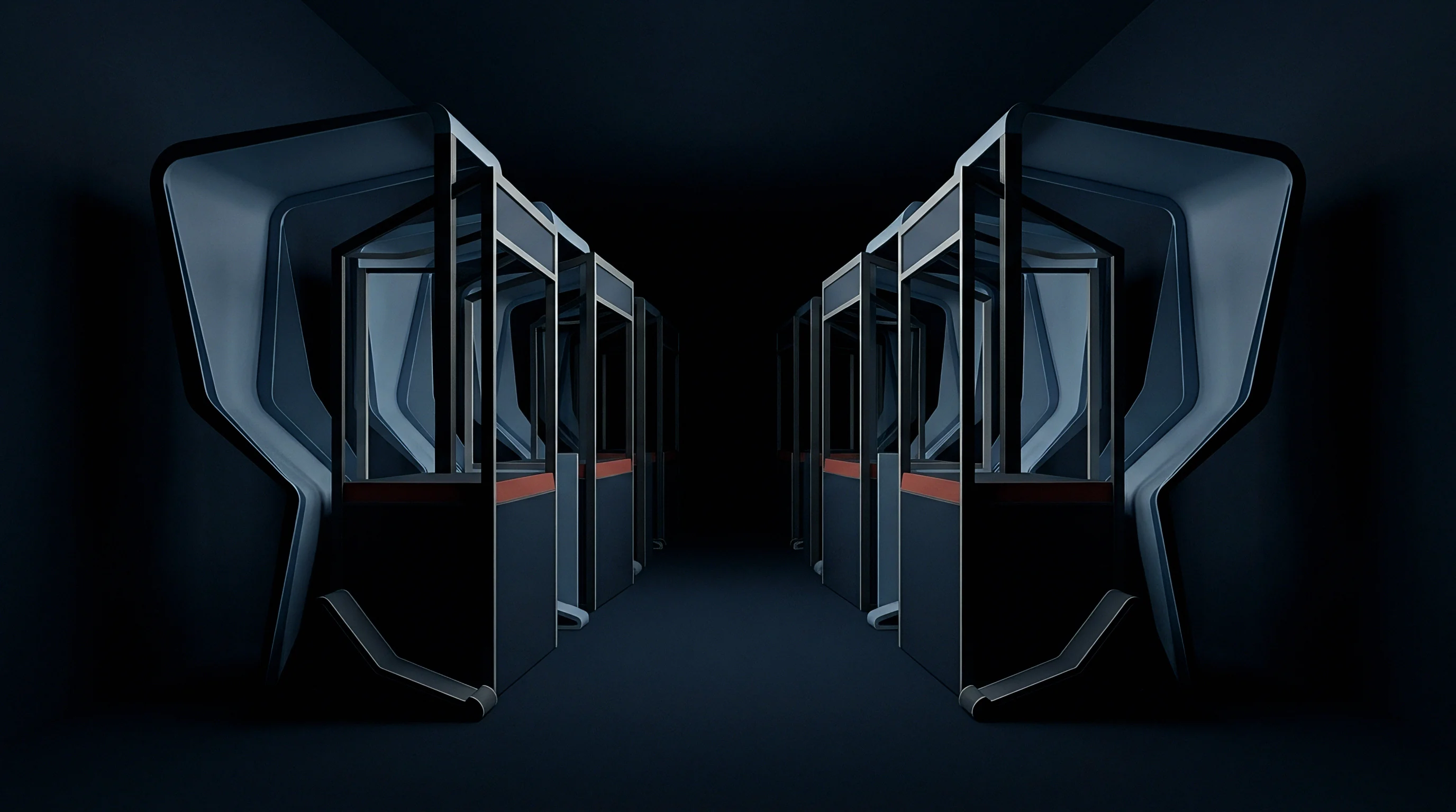 Digital rendering of modular distribution kiosks featuring glass partitions and composite panels arranged linearly along a symmetrical subterranean transit corridor.