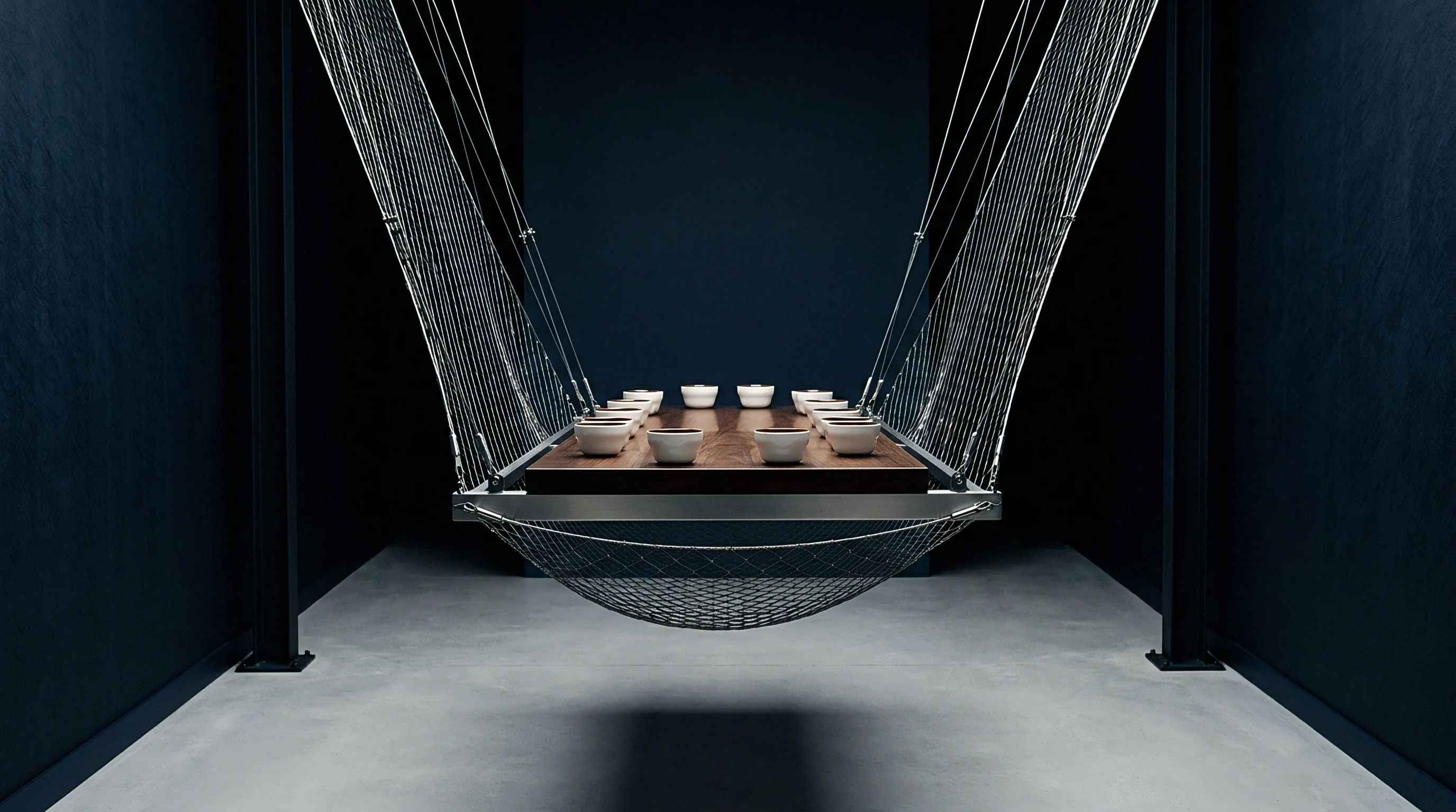 A three dimensional render shows a wooden table with ten small ceramic bowls remaining suspended by steel cables in a dark industrial space.