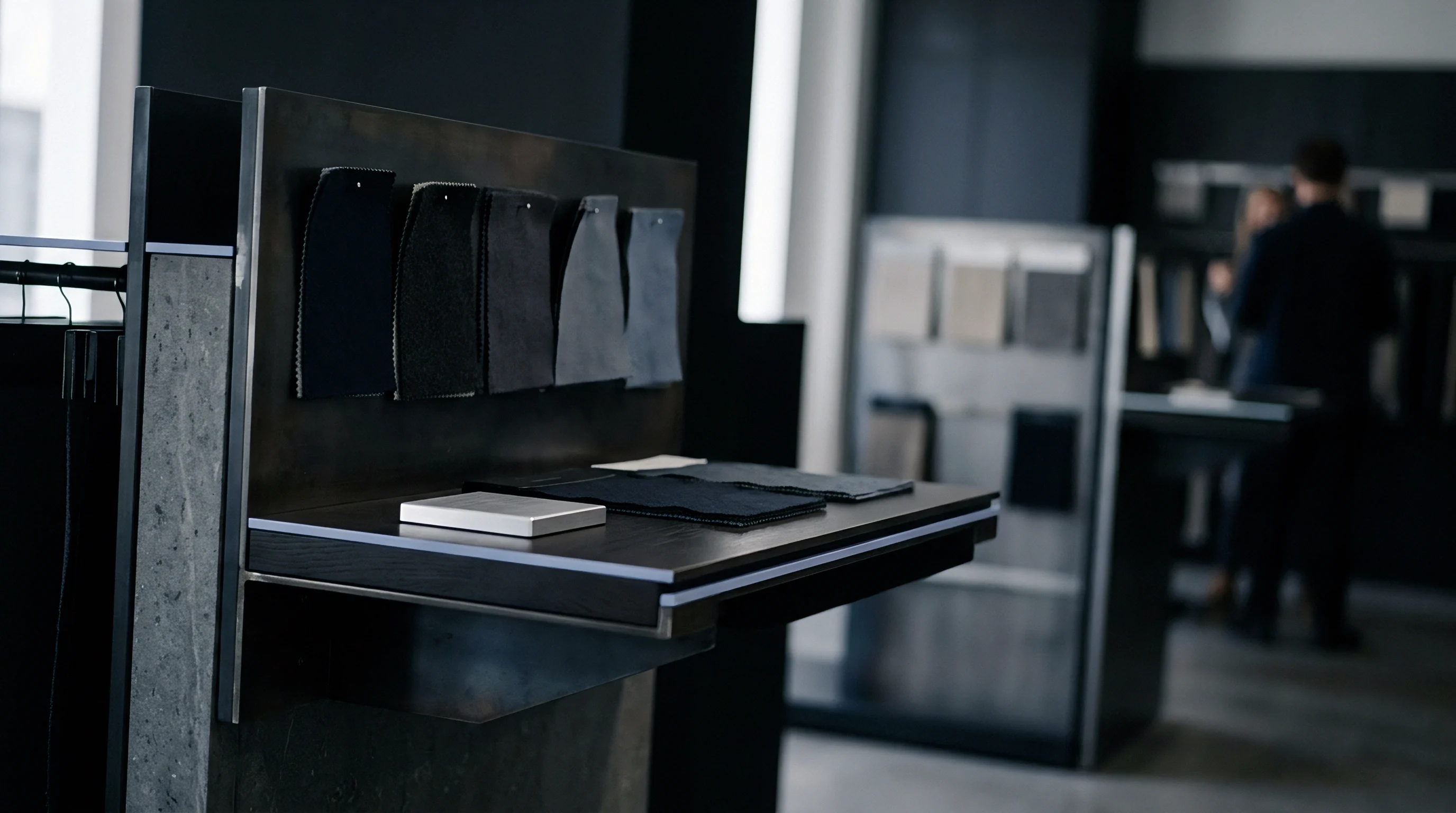 Fabric samples hang from vertical dark metal display boards beside horizontal surfaces holding swatch books and material slabs inside a modern retail environment.