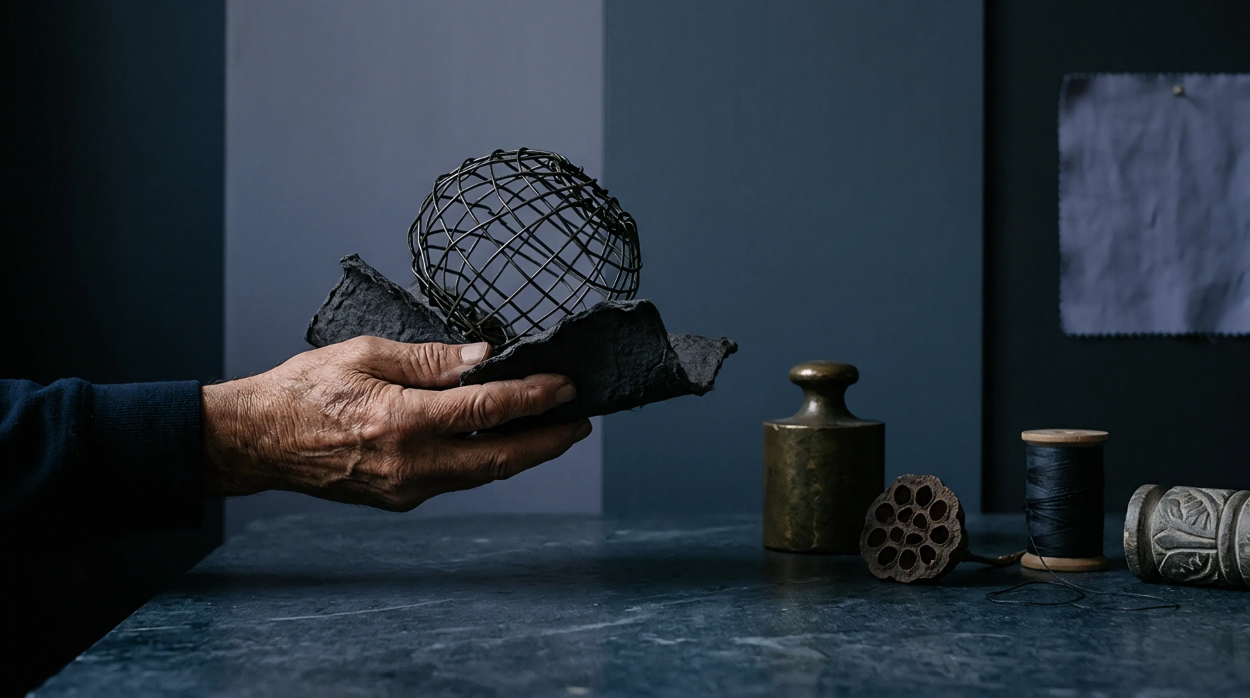Dark molded cellulose and wire form a structural prototype held above a textured stone work surface in a dark studio.