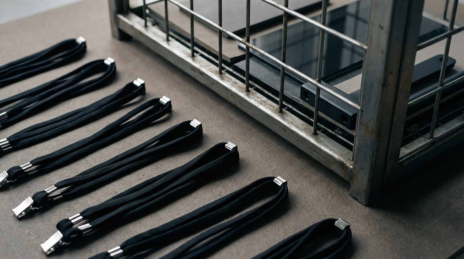 Textile securing straps with metal fasteners align beside a wire mesh industrial container holding rigid panels on a workshop floor.