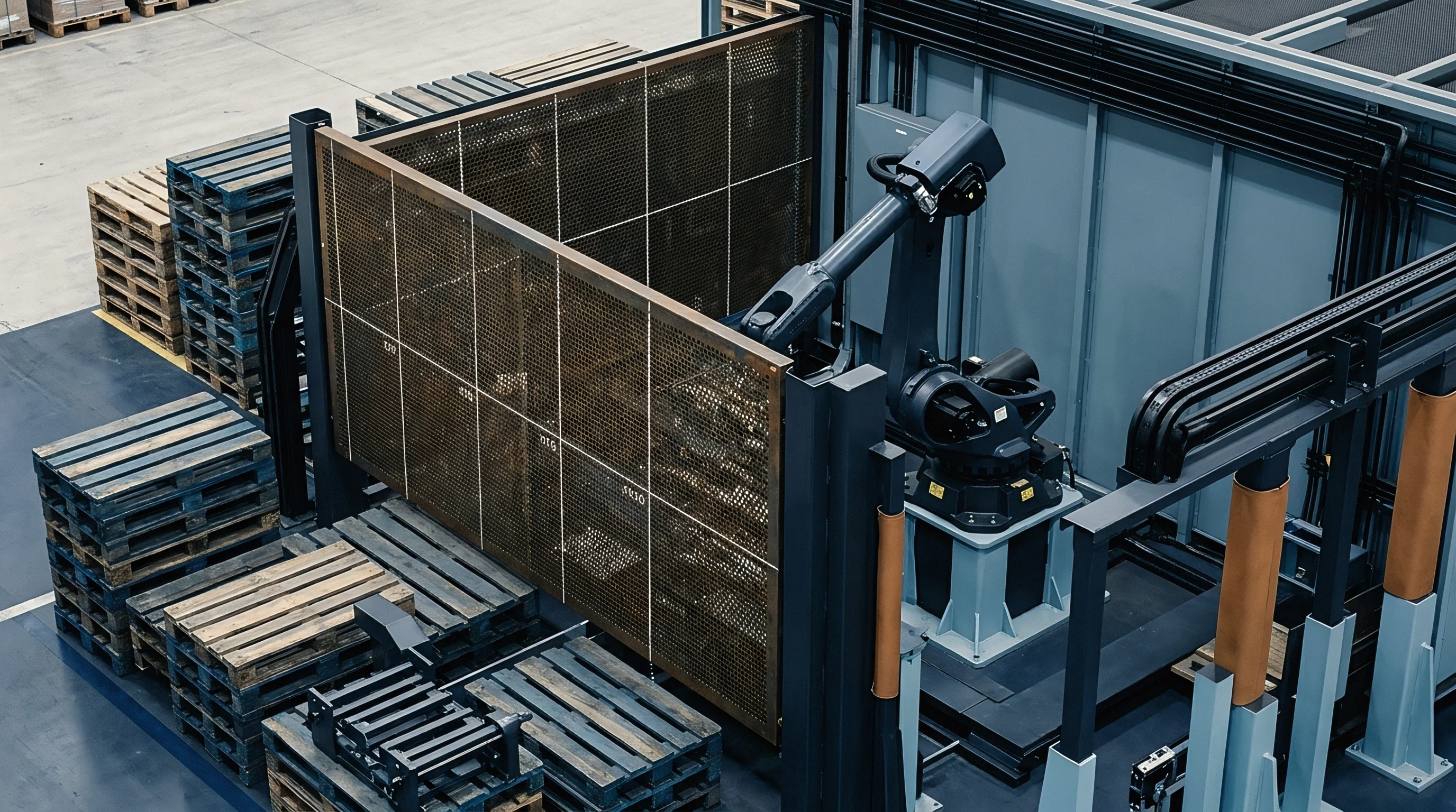An articulated robotic arm stands centered within a metal safety enclosure surrounded by stacks of wooden and plastic pallets on a warehouse floor.