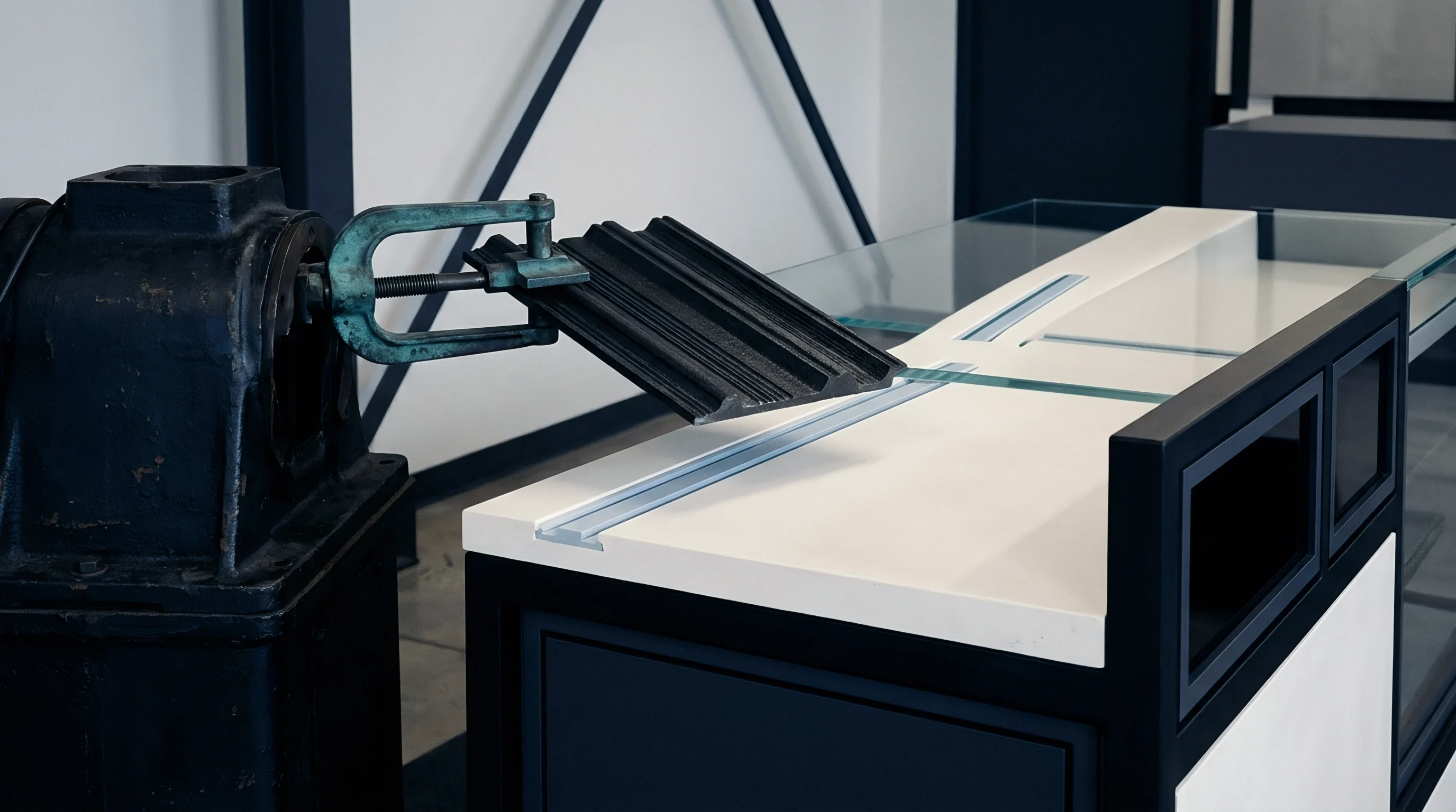 A heavy cast iron mounting arm secures a ribbed extrusion profile above a white retail display counter inside a modern commercial showroom.