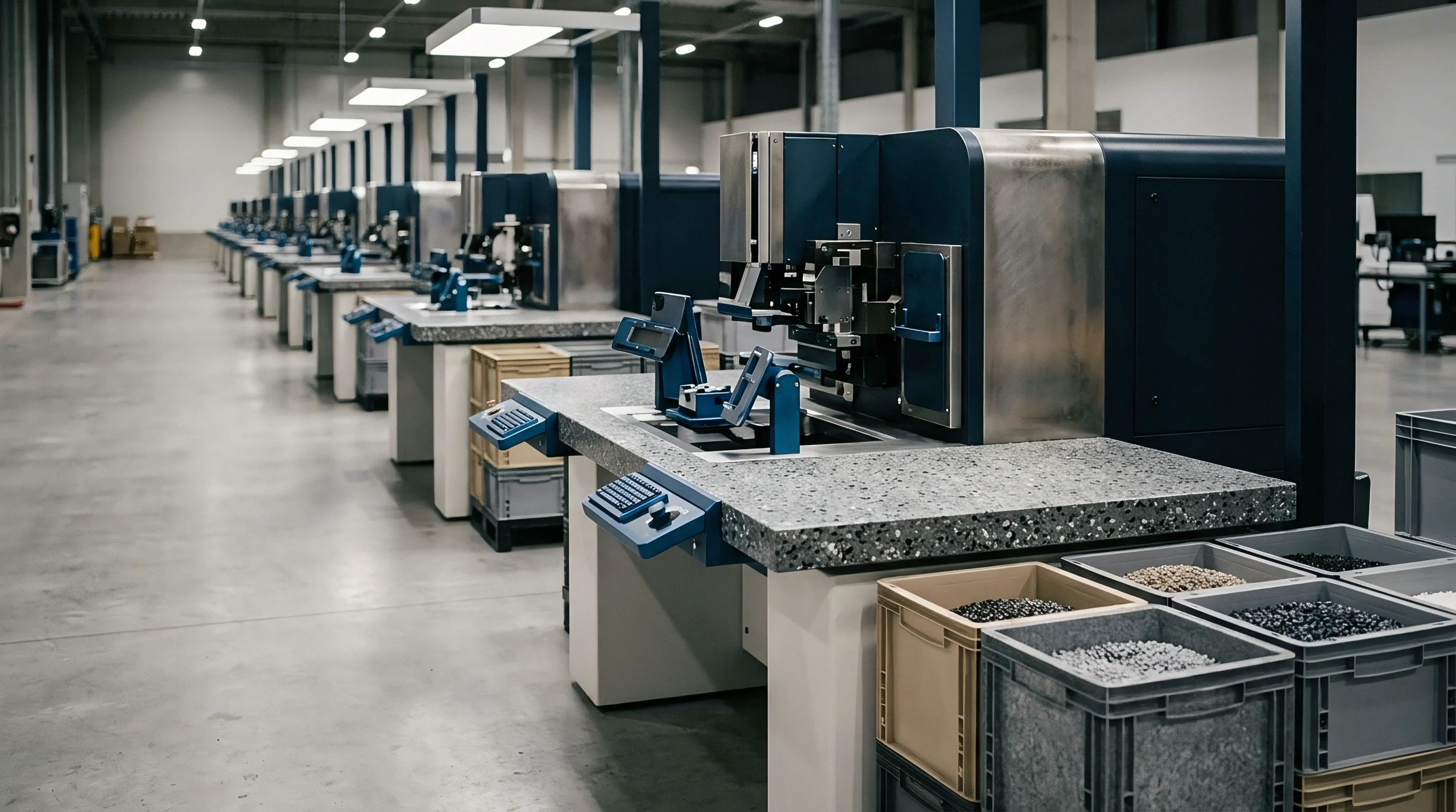 Modular assembly stations lined up along an industrial floor feature integrated workstations with control interfaces and plastic storage bins holding small components.