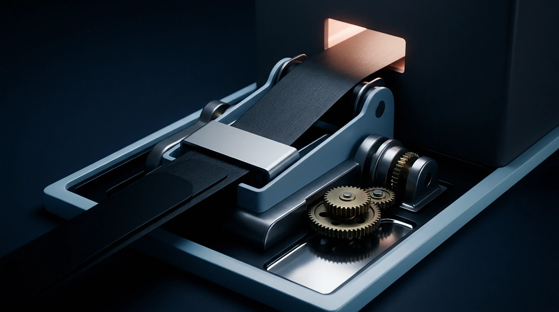 A synthetic polymer strip emerges from a dark industrial housing controlled by precision mechanical gears and metallic guides within a production assembly.