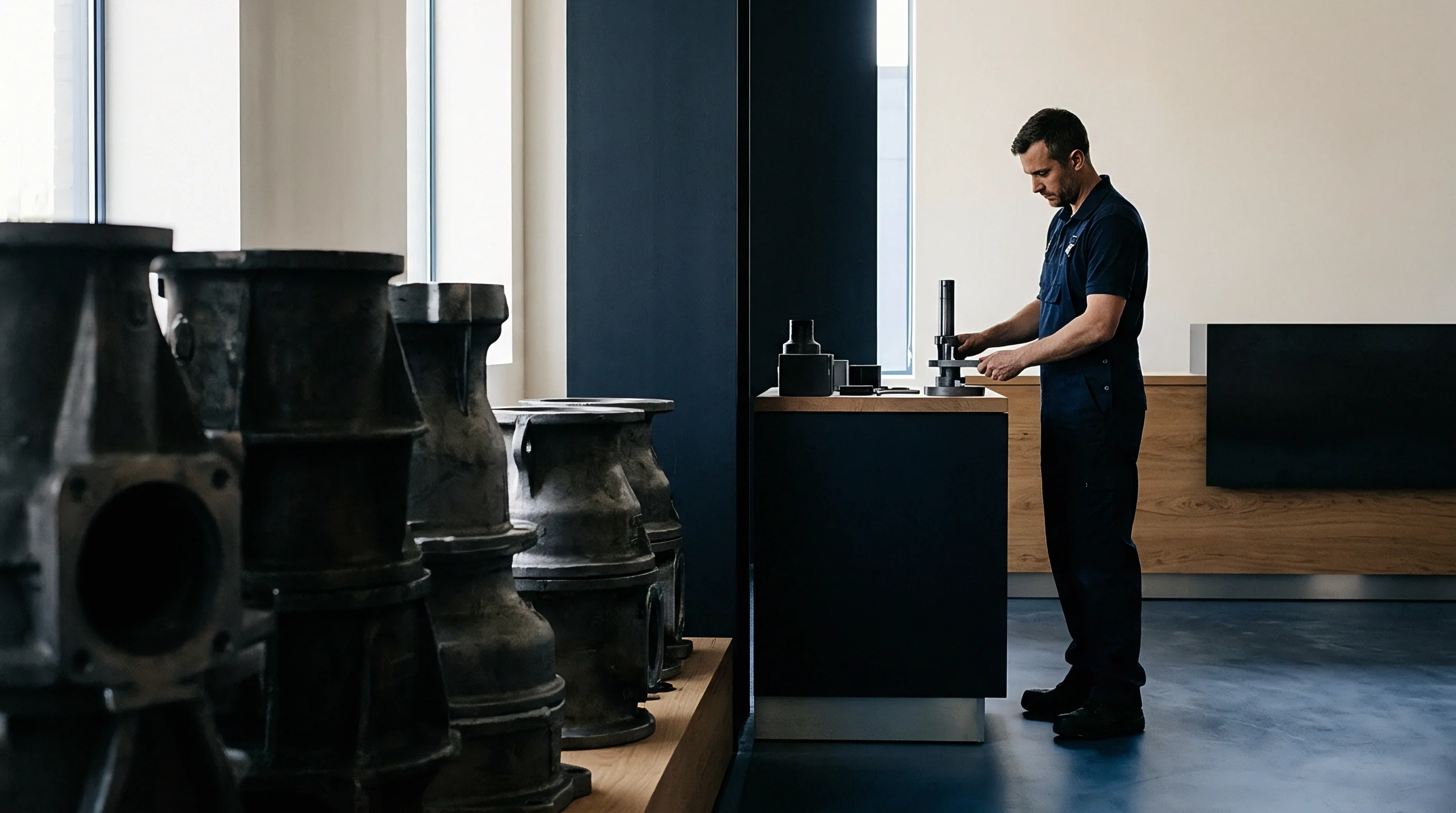 A technician in navy workwear inspects machined metal parts at a workbench inside a heavy machinery manufacturing plant.