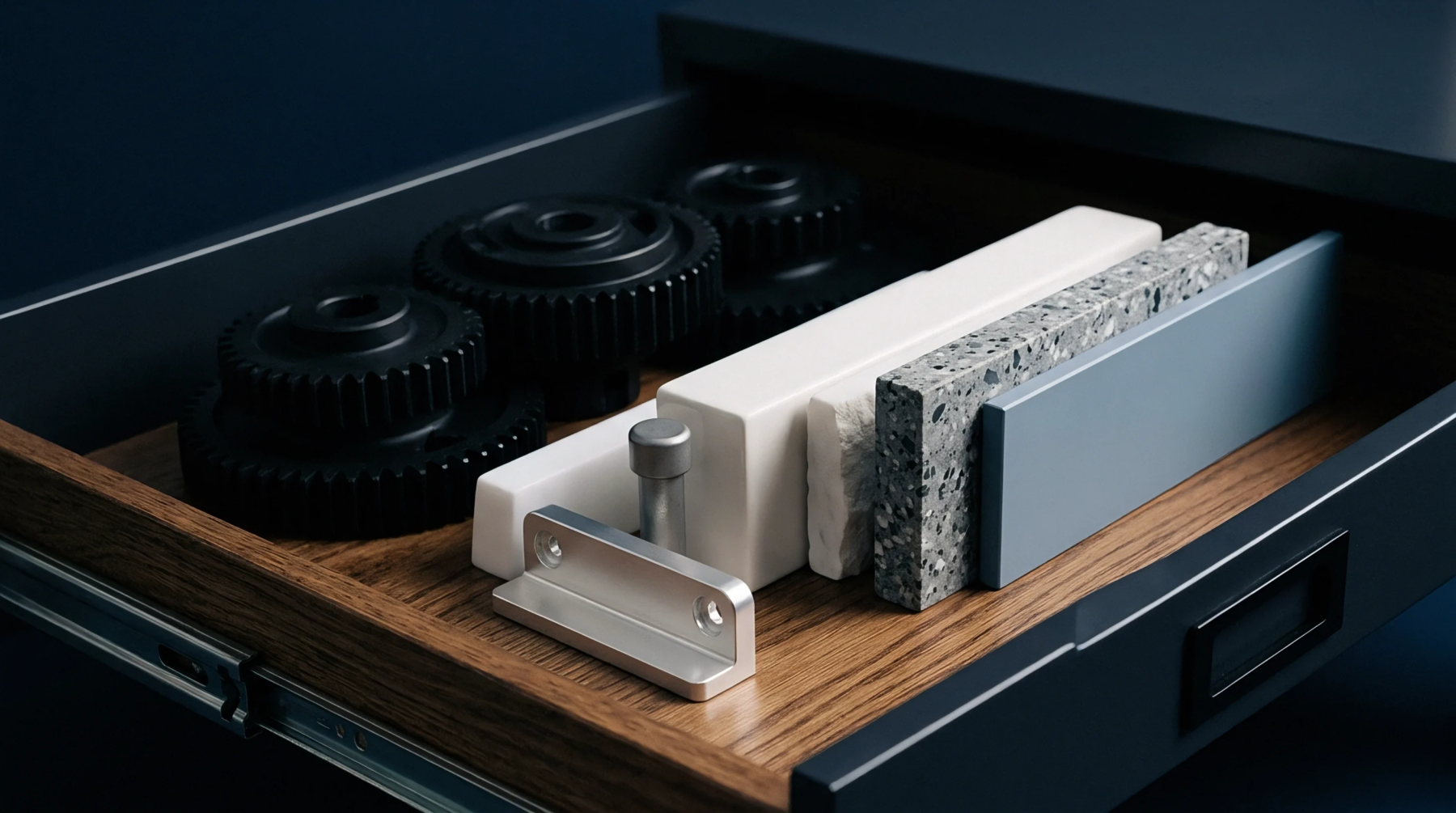 Digital render showing an open wooden drawer holding machined gears, mounting hardware, and diverse material swatches within a dark manufacturing facility.