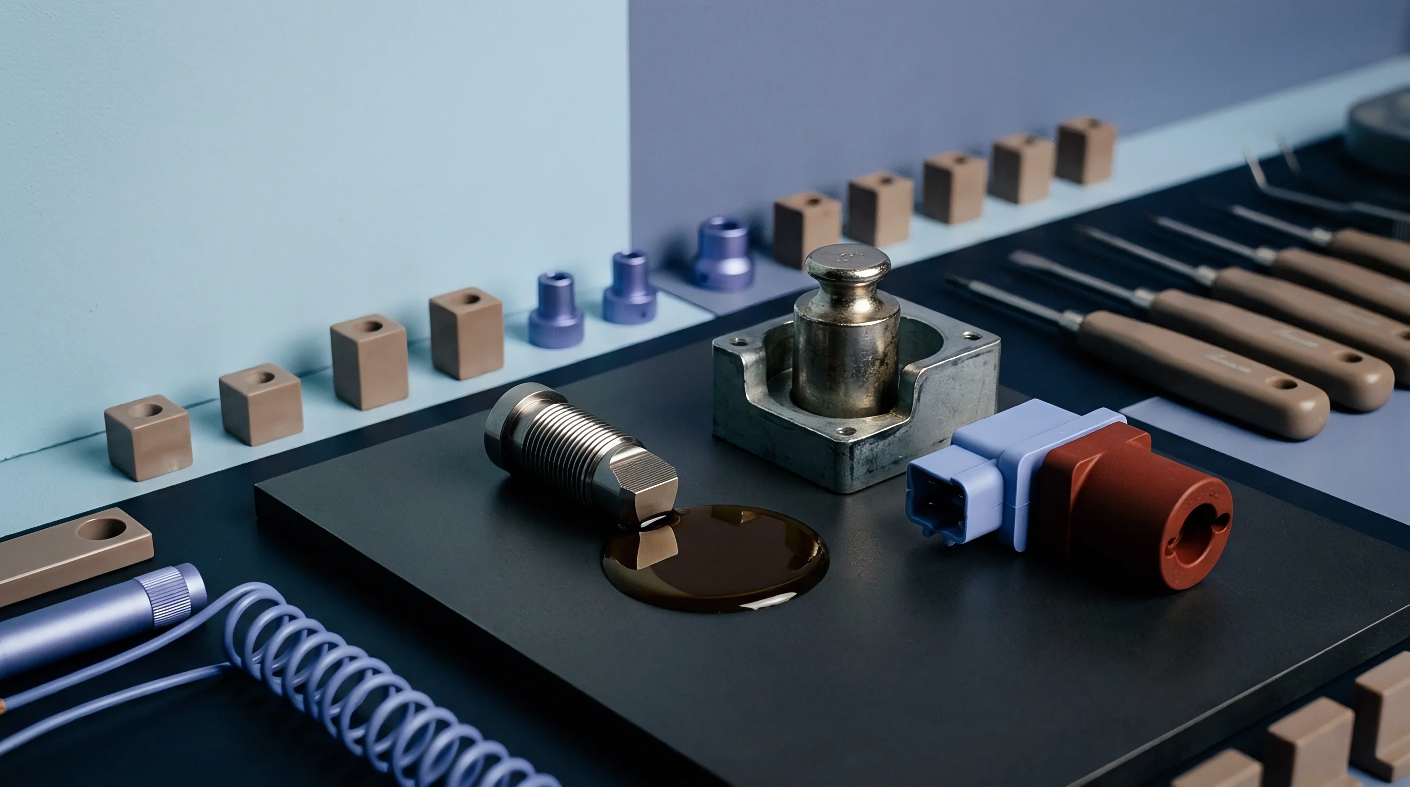 Industrial metal fasteners, mechanical tools, plastic connectors, and ceramic blocks sit arranged on a multi-toned blue and grey surface.