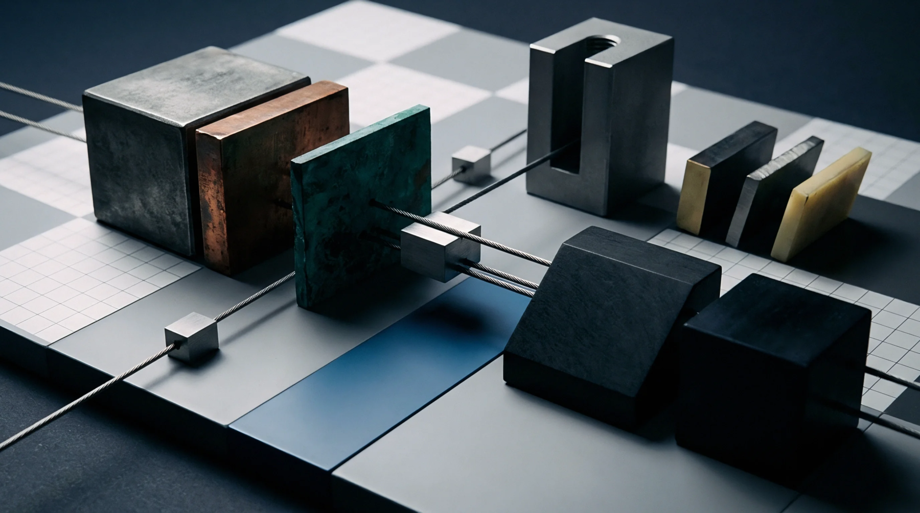 Metal and stone geometric blocks threaded onto steel cables occupy a checkered grid surface in a digital render of industrial components.
