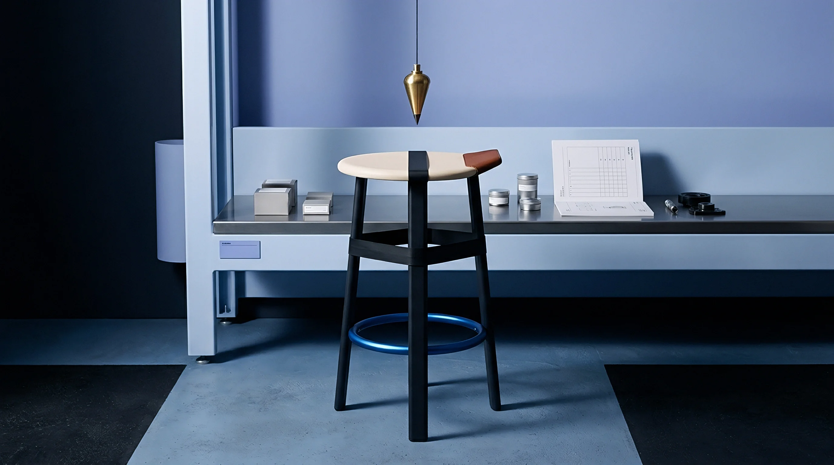 An industrial lab stool featuring a dark frame and leather strap sits centered before a metal workbench holding testing components and documents.