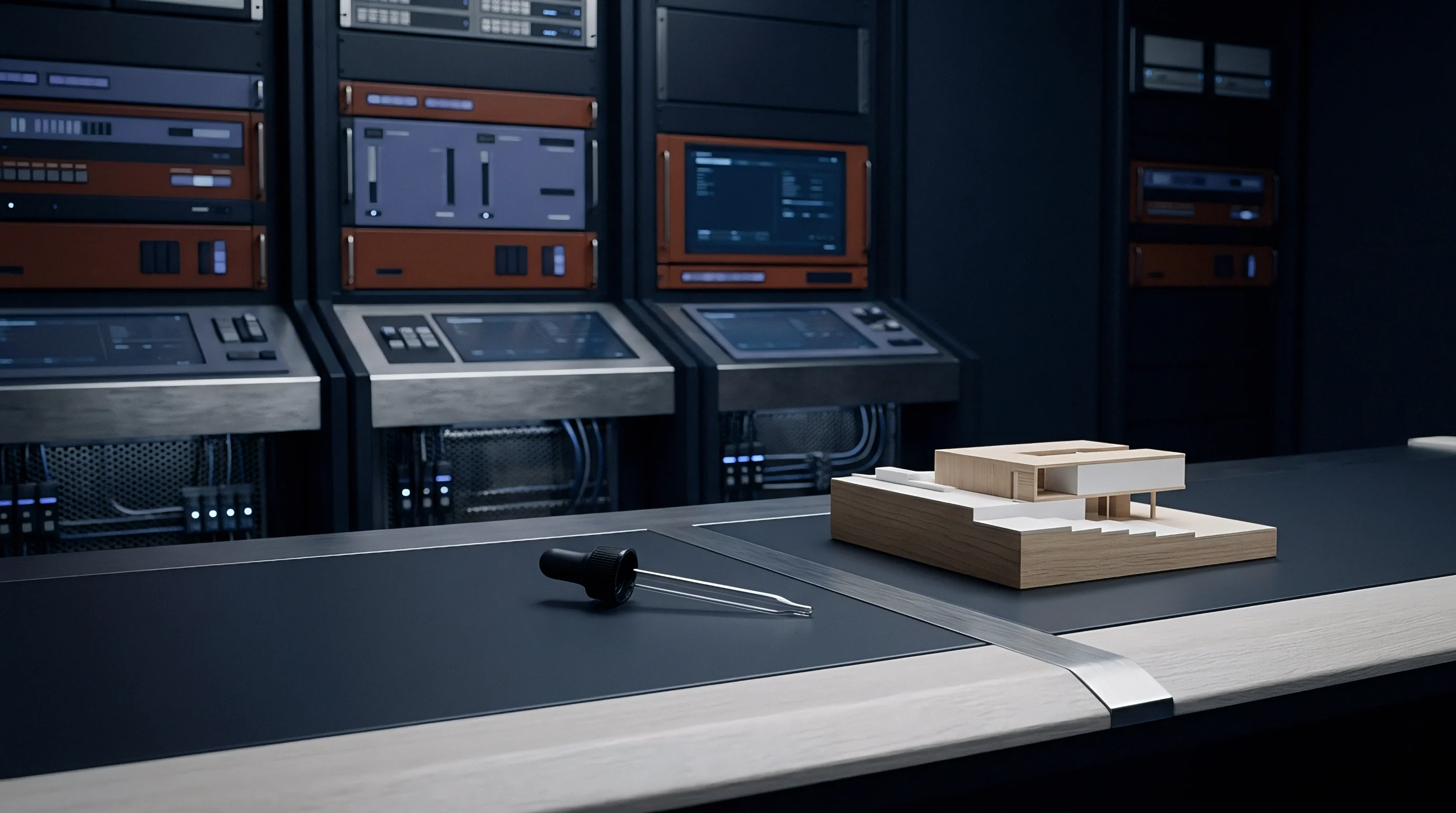 Digital render of a dark industrial control room featuring a wooden architectural scale model and a testing pipette on a metal console desk.