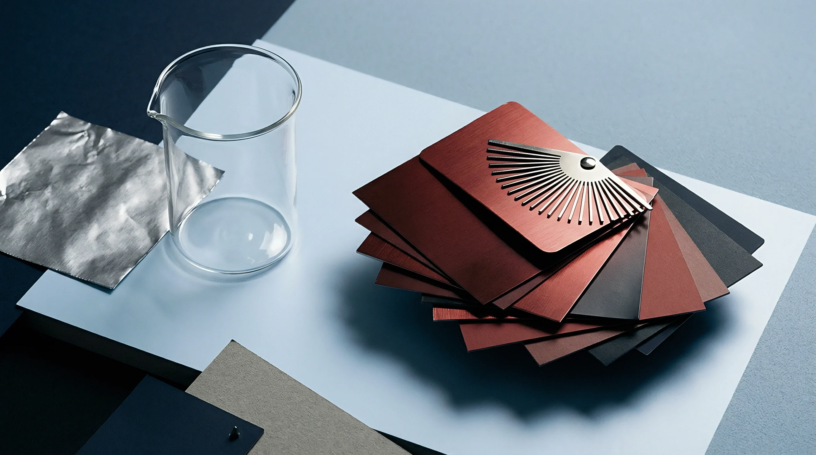Metallic red and grey material swatches rest on a white surface alongside a glass beaker and a textured metal foil sheet.