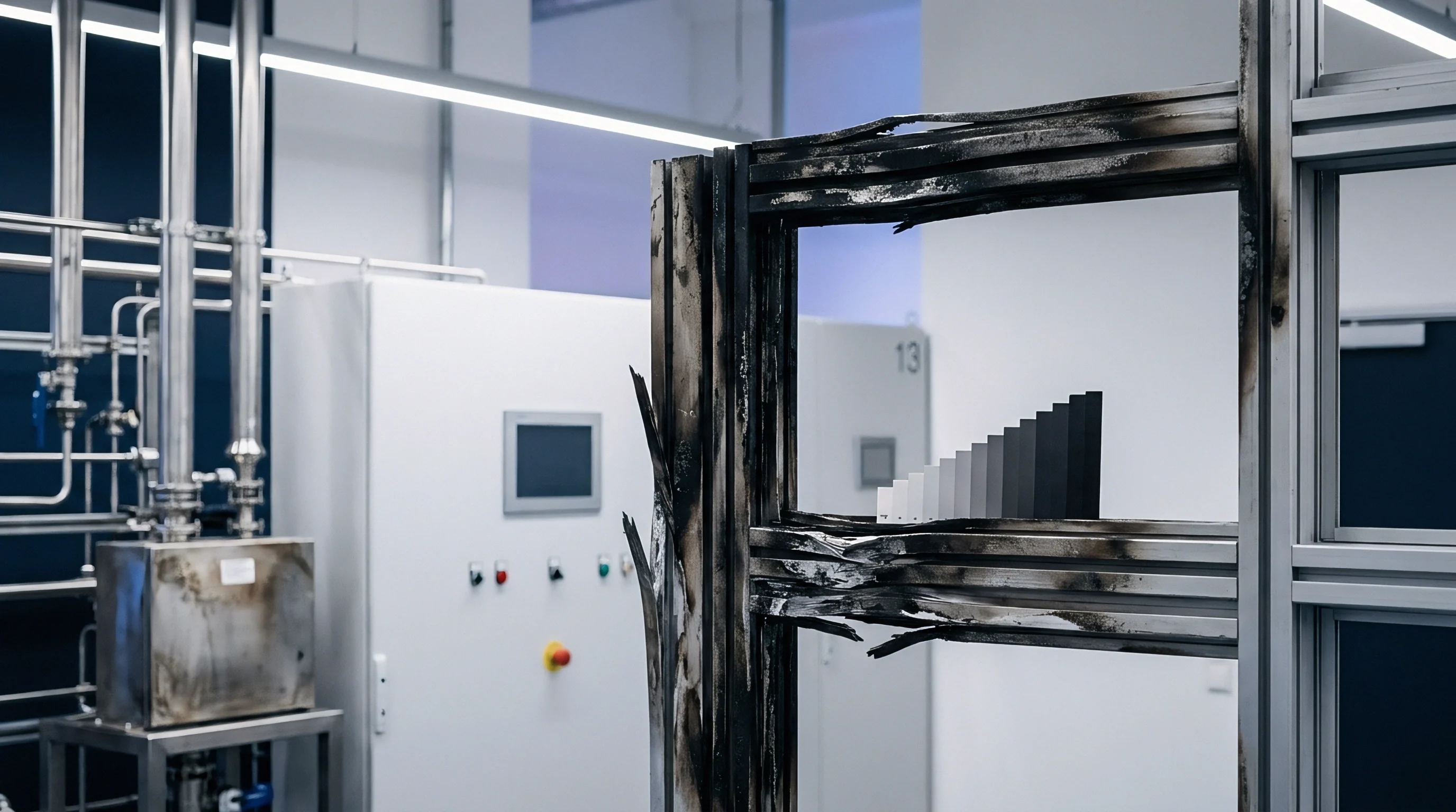 A charred metal structural frame undergoing thermal endurance testing inside an industrial laboratory filled with control panels and piping.