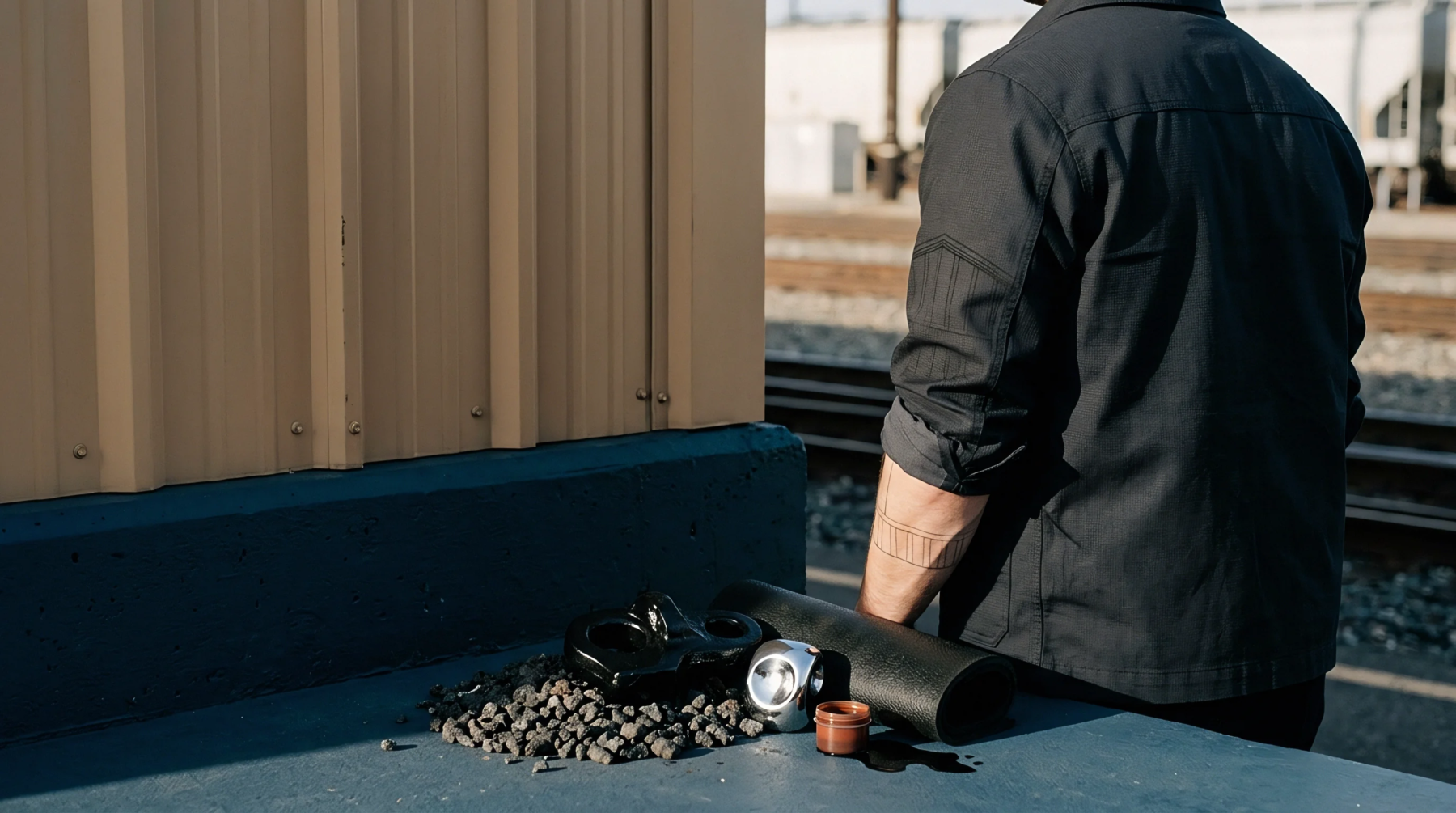 Industrial logistics personnel stands beside corrugated freight storage housing holding sorted mechanical components and aggregate material on an outdoor loading platform.