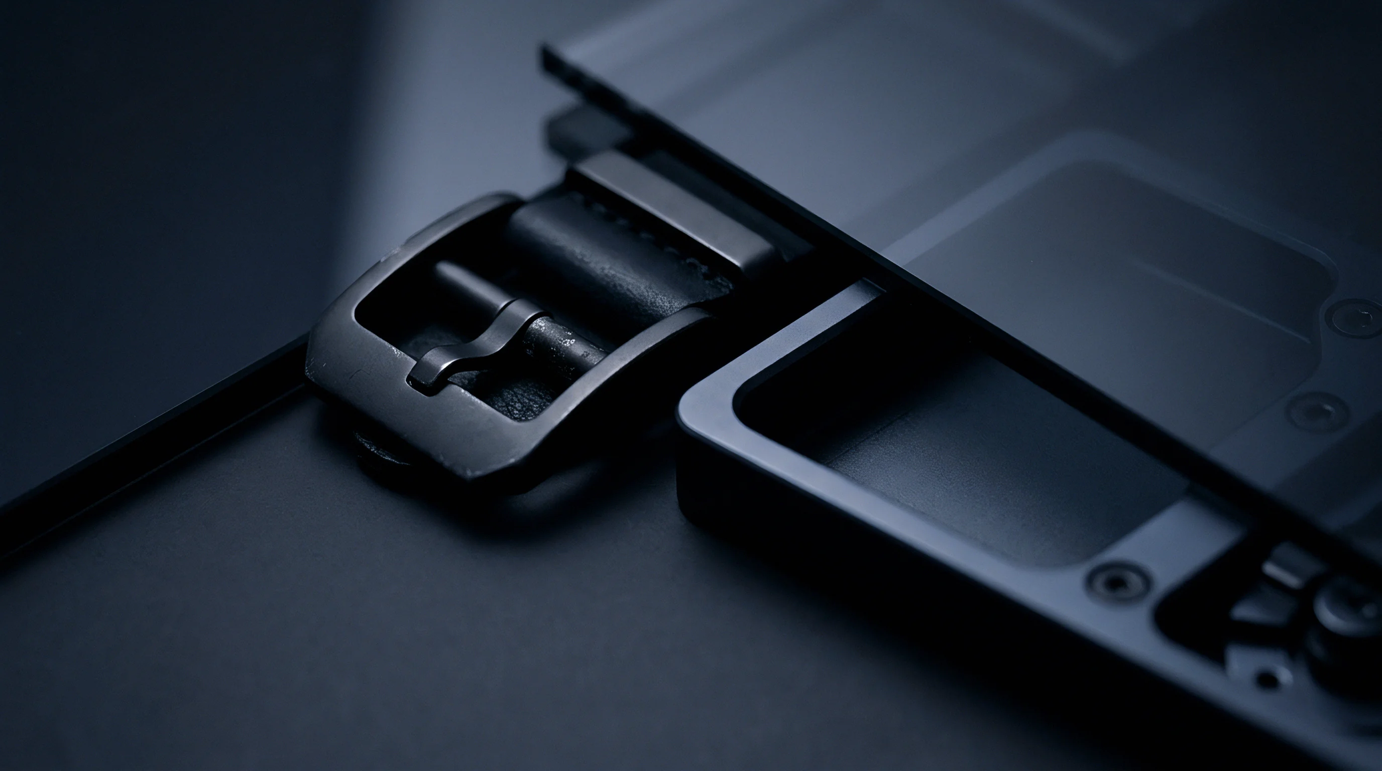 An anodized metal buckle rests next to a machined frame component with visible screw fasteners on a dark matte surface in a studio setting.