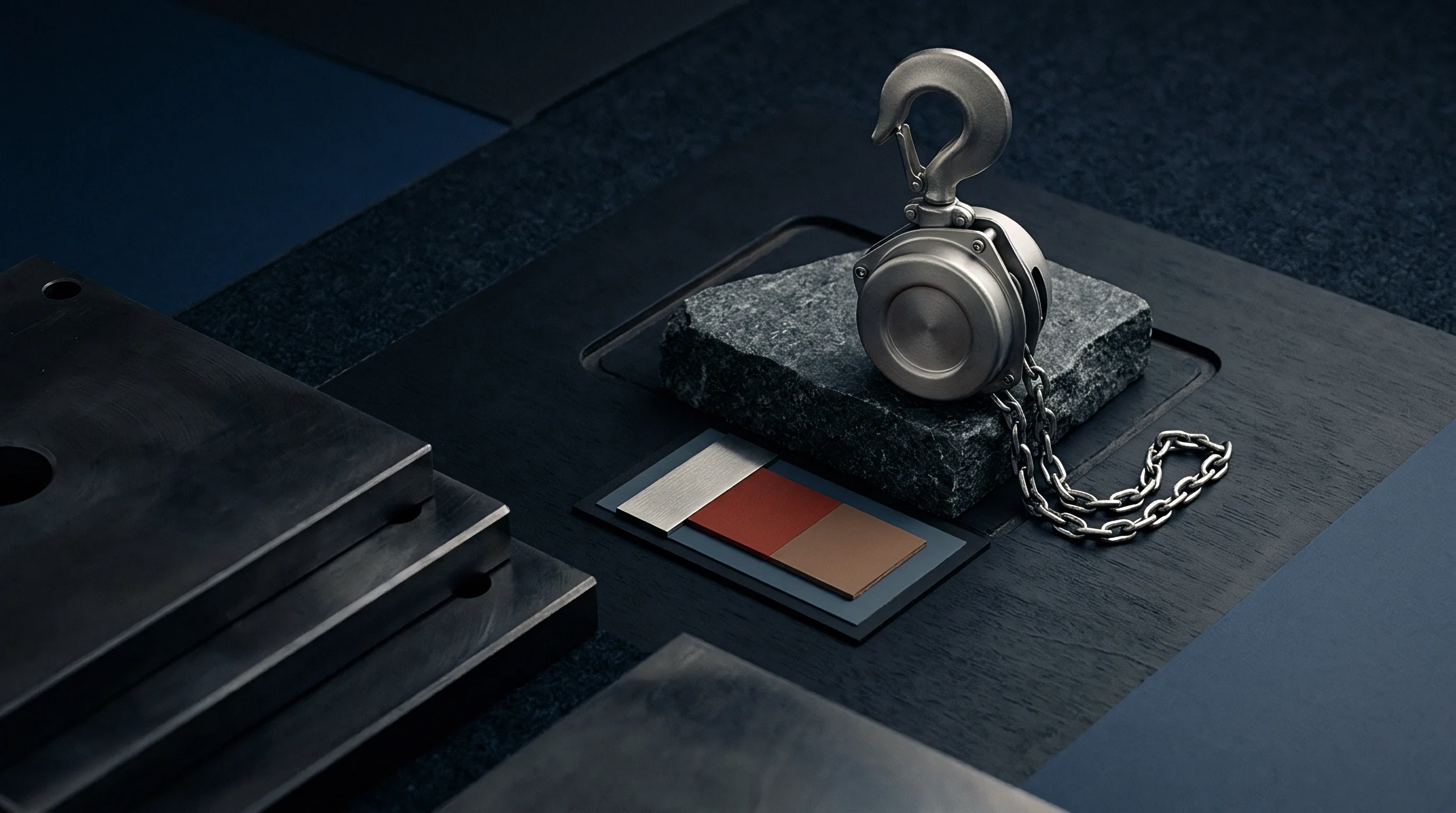 Industrial hoist hardware with attached chain rests on a stone block beside a material finish swatch and stacked metal plates.