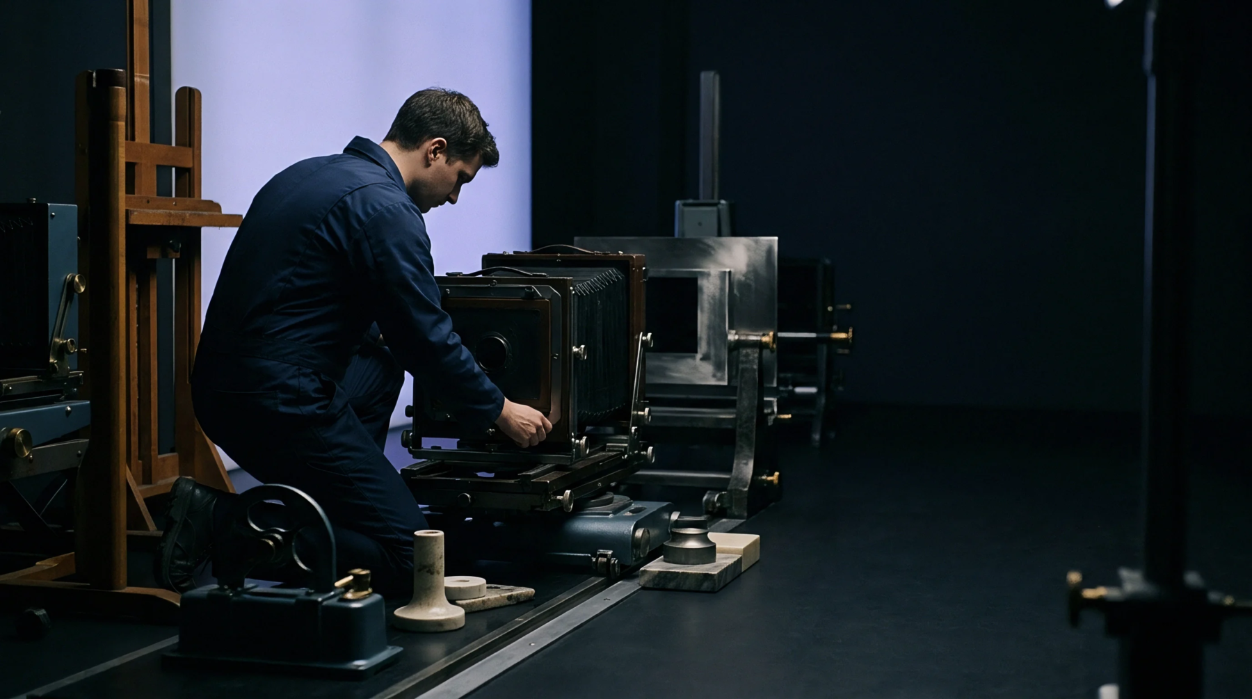 A man in workwear adjusts a vintage industrial imaging camera on a specialized platform within a production setting.
