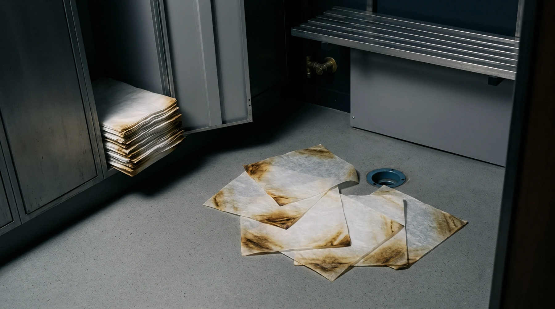 Scorched parchment sheets lie scattered on a grey concrete floor near locker storage units containing similar stacks of damaged industrial packaging material.
