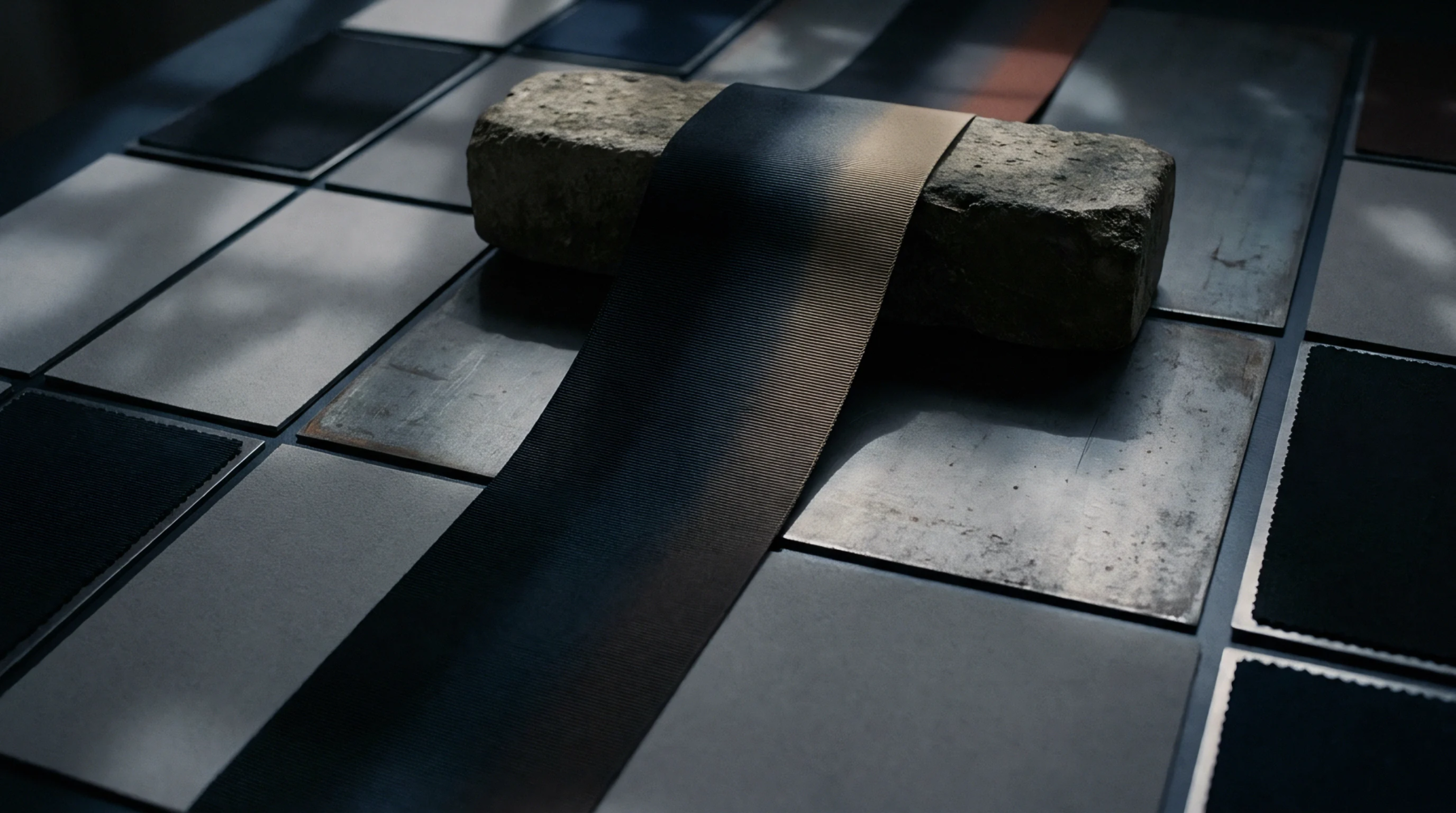 One textured textile band rests on a stone block atop a grid of metallic and matte architectural surface finishing swatches.
