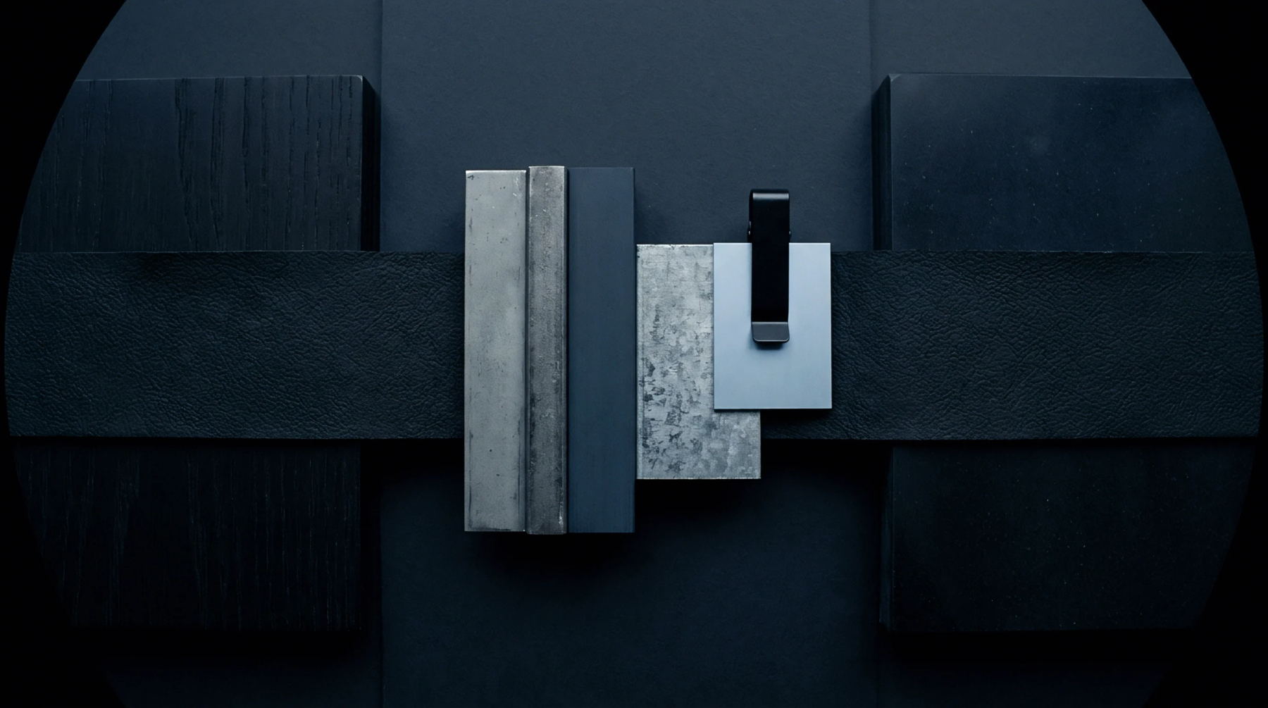 Rectangular material swatches including galvanised steel and matte composite panels lay flat across dark wood and textured paperboard in an orderly arrangement.