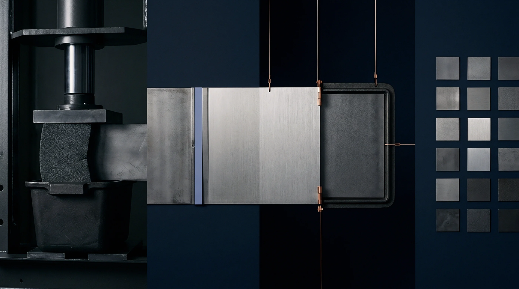 A hydraulic press compresses a dark component while a metallic panel translates towards a grid of finished material samples.