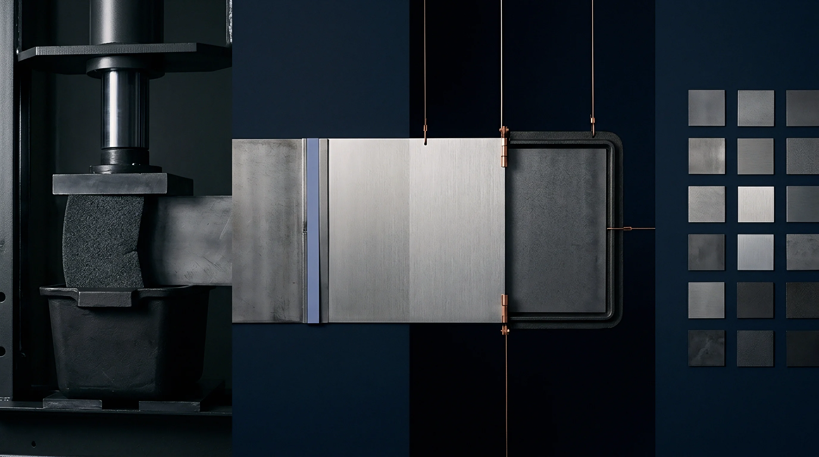 A hydraulic press compresses a dark component while a metallic panel translates towards a grid of finished material samples.