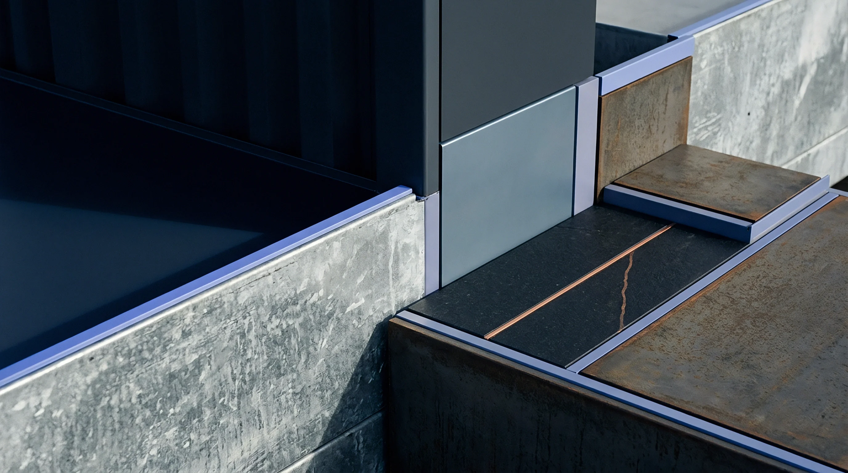 Digital rendering exhibits a precise junction of galvanized steel, oxidized iron plating, and dark polished stone within a structured commercial architectural environment.