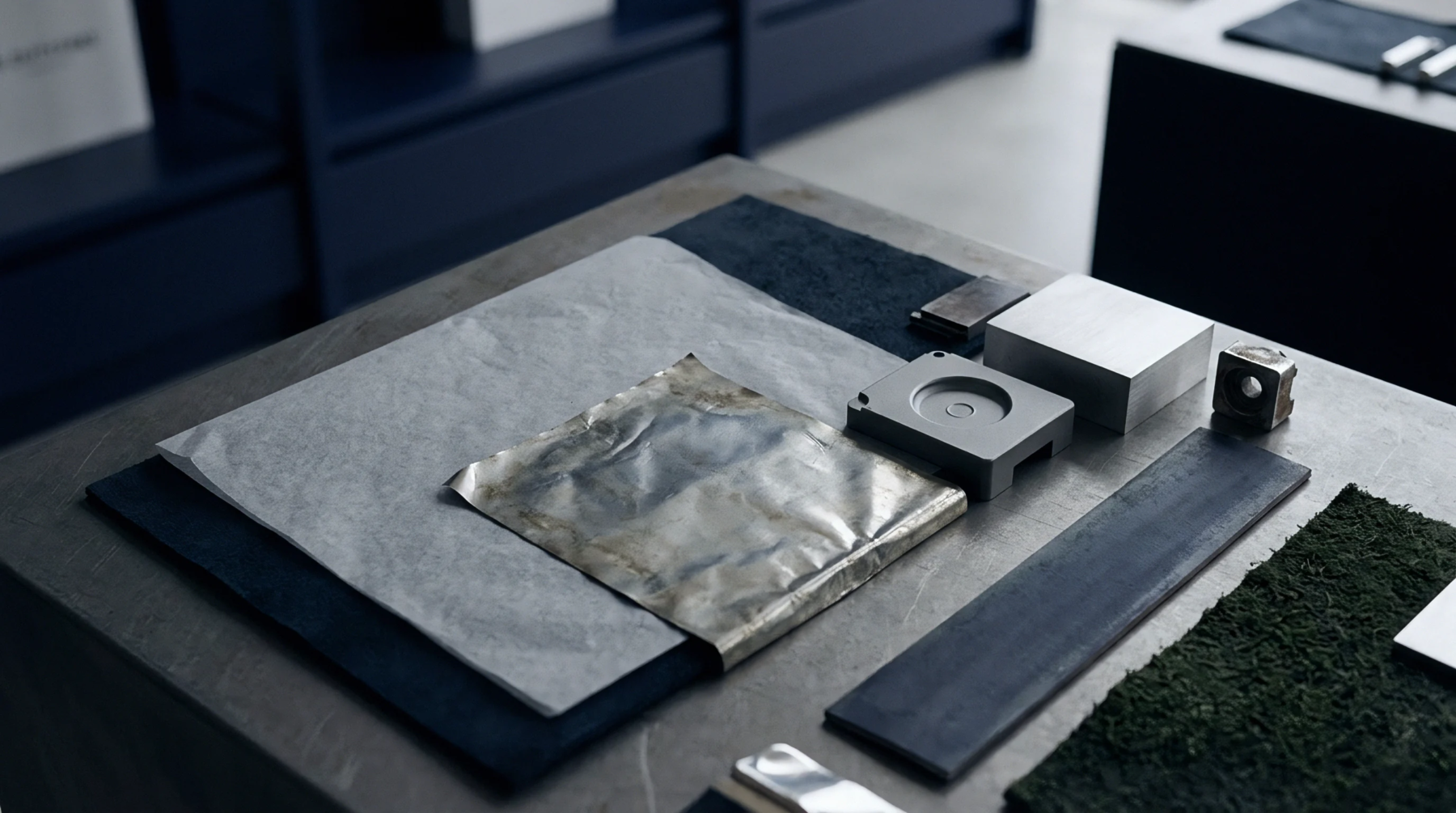 Assorted metal plates and textured foils rest on a dark backing surface across a workshop table.