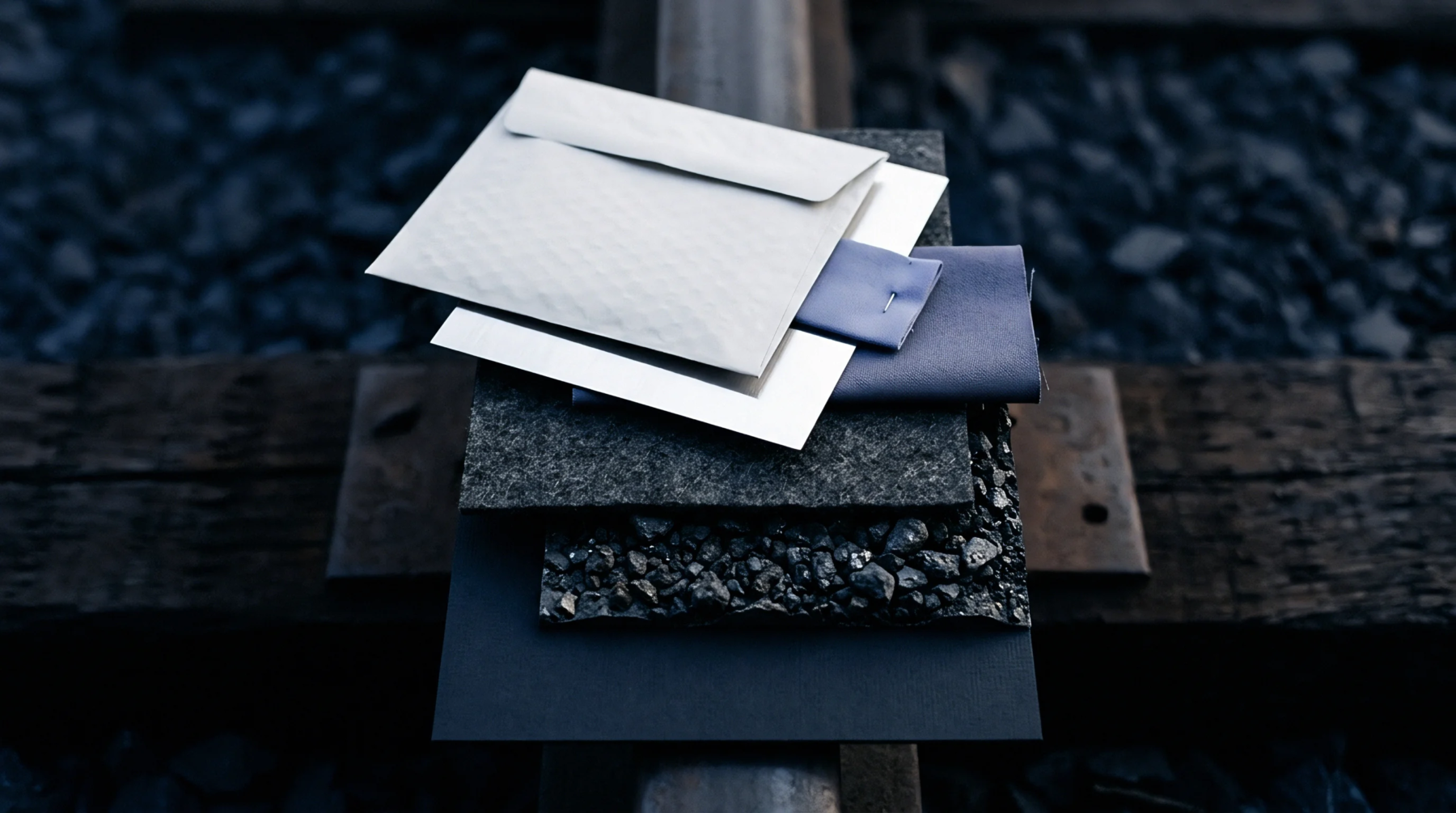 Material samples including paperboard and raw mineral aggregate rest stacked atop dark industrial railway ties.