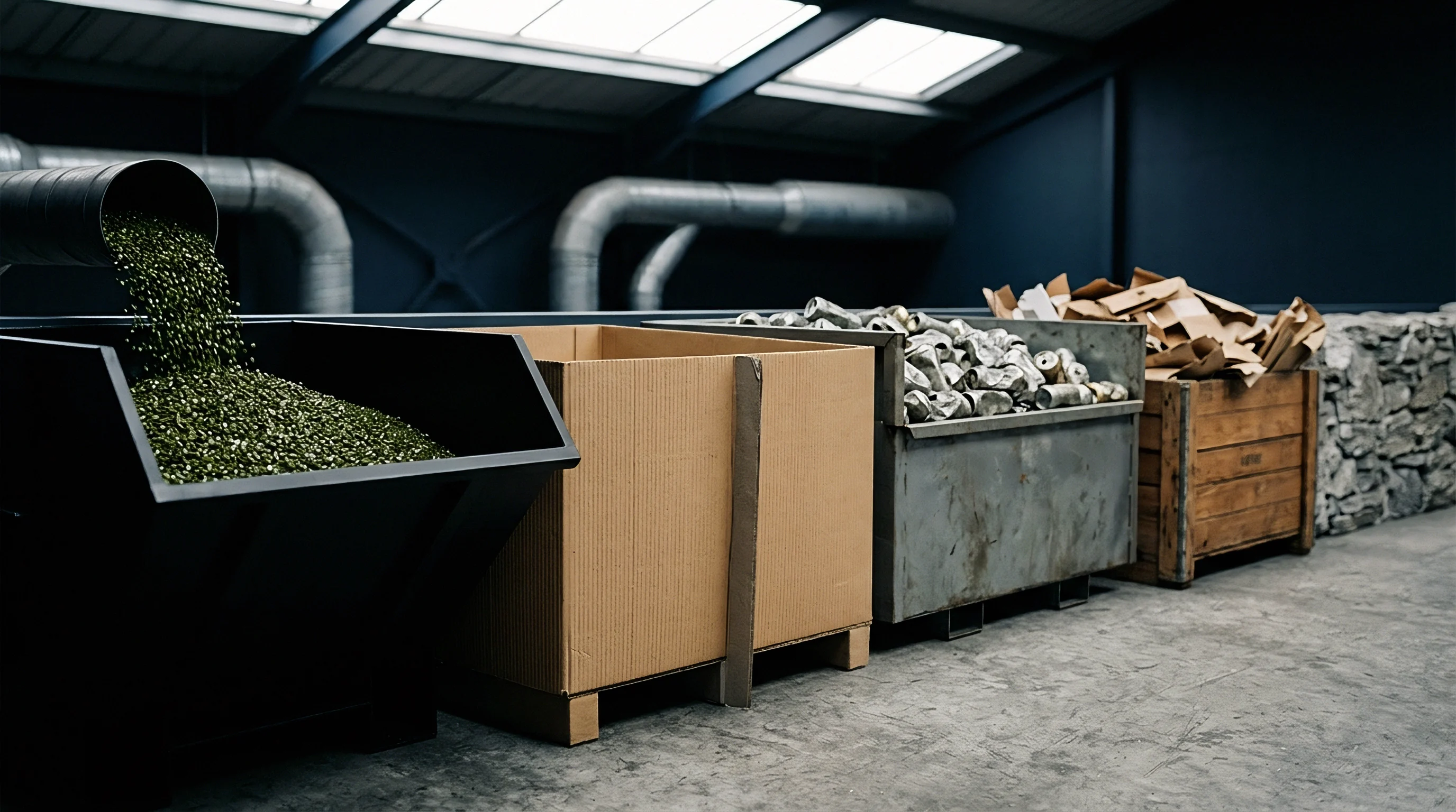 Various industrial containers hold sorted manufacturing waste and raw granules inside a dark production warehouse with overhead ventilation ducts.