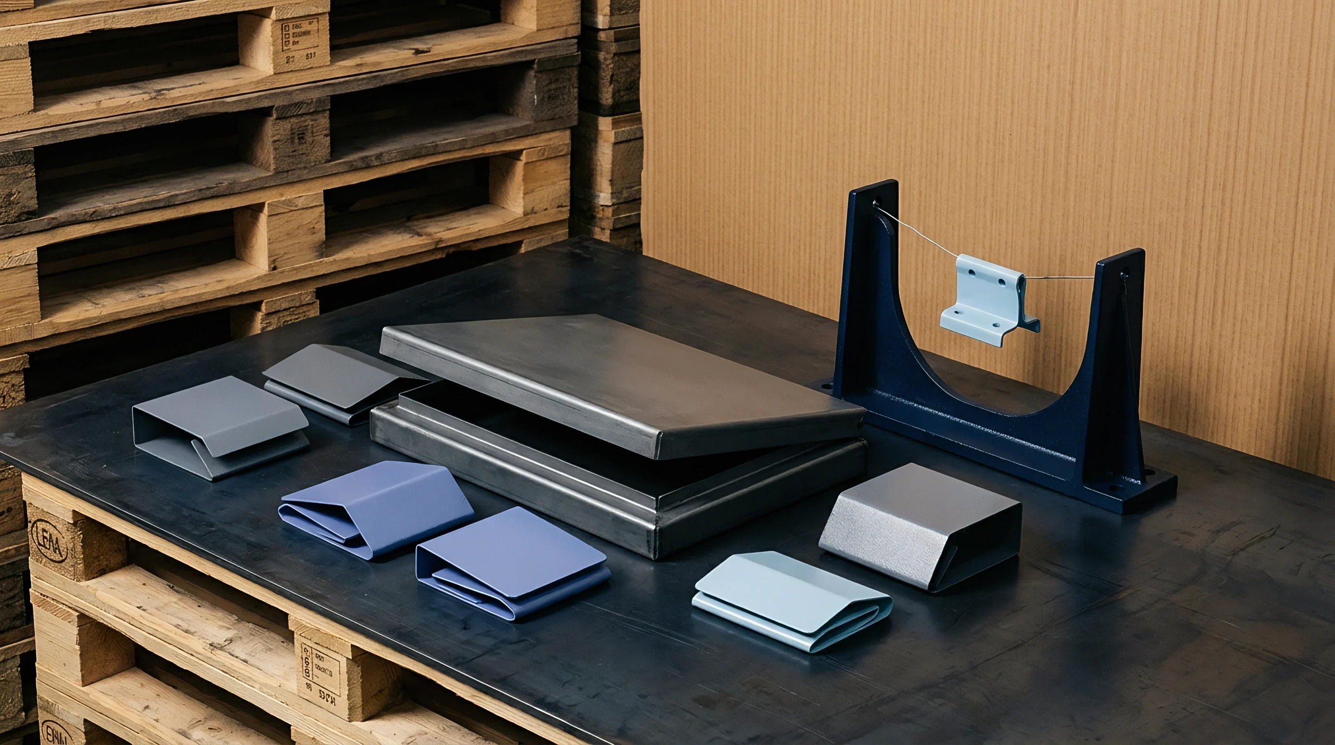Precision formed metal sheet components and finished assemblies rest on a heavy industrial workbench adjacent to wooden storage pallets.