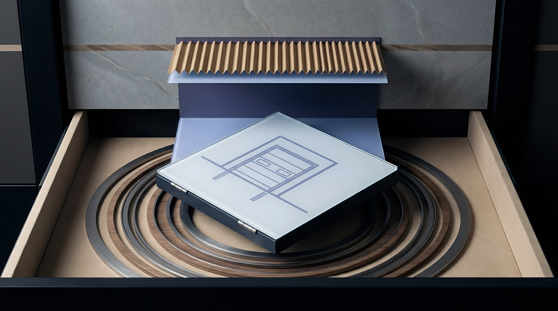 A digital render displays a square industrial package featuring a technical blueprint diagram positioned atop concentric circular base tracks within an architectural interior.