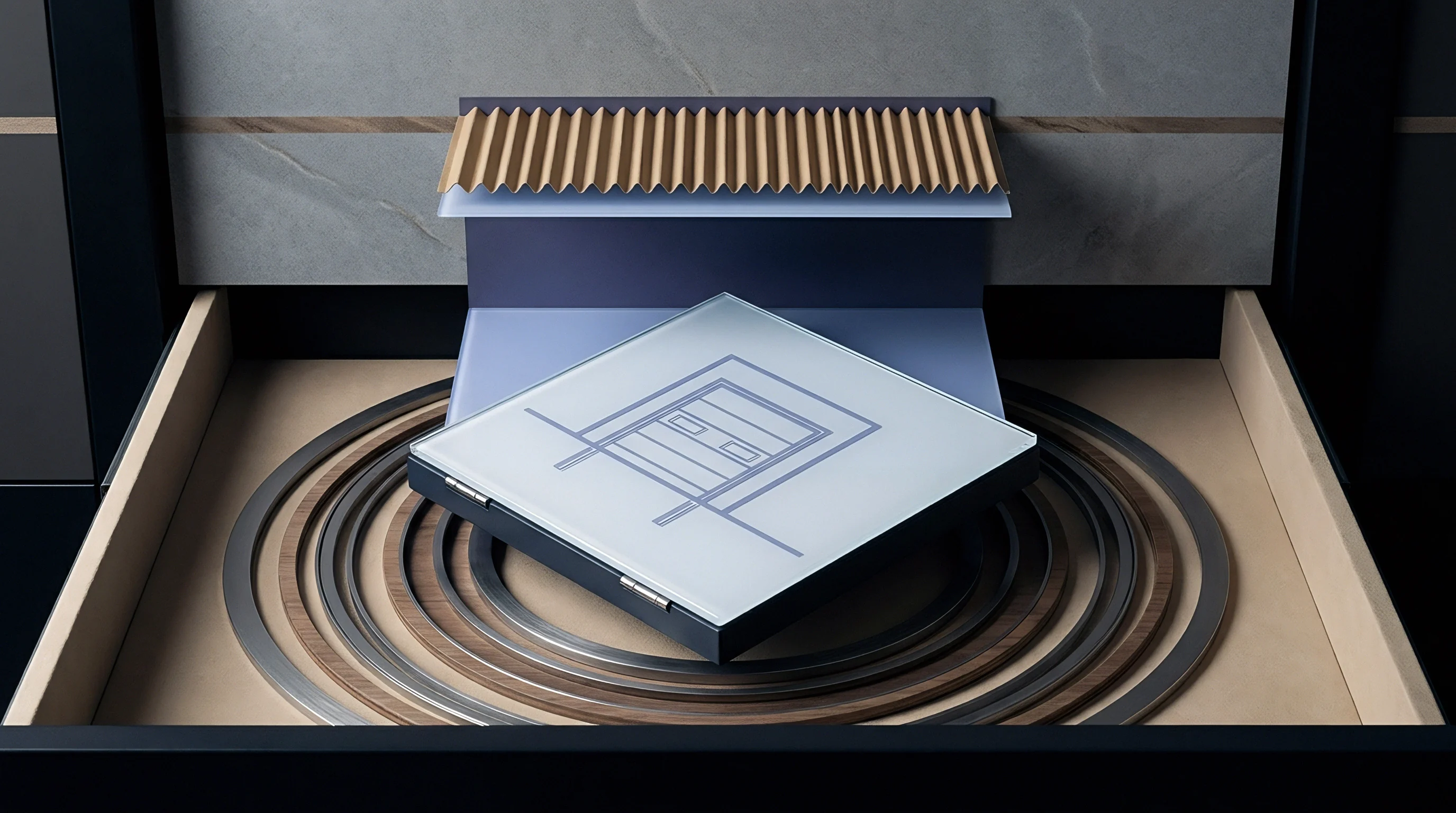 A digital render displays a square industrial package featuring a technical blueprint diagram positioned atop concentric circular base tracks within an architectural interior.