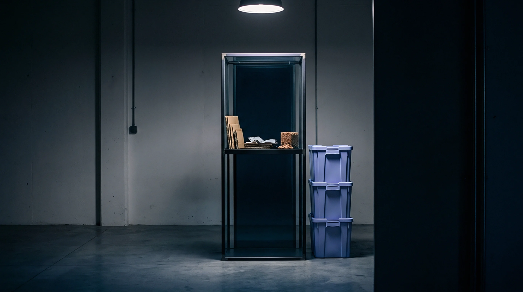 Industrial shelving holds paper packaging components alongside stacked blue plastic storage crates inside a dim concrete warehouse facility.